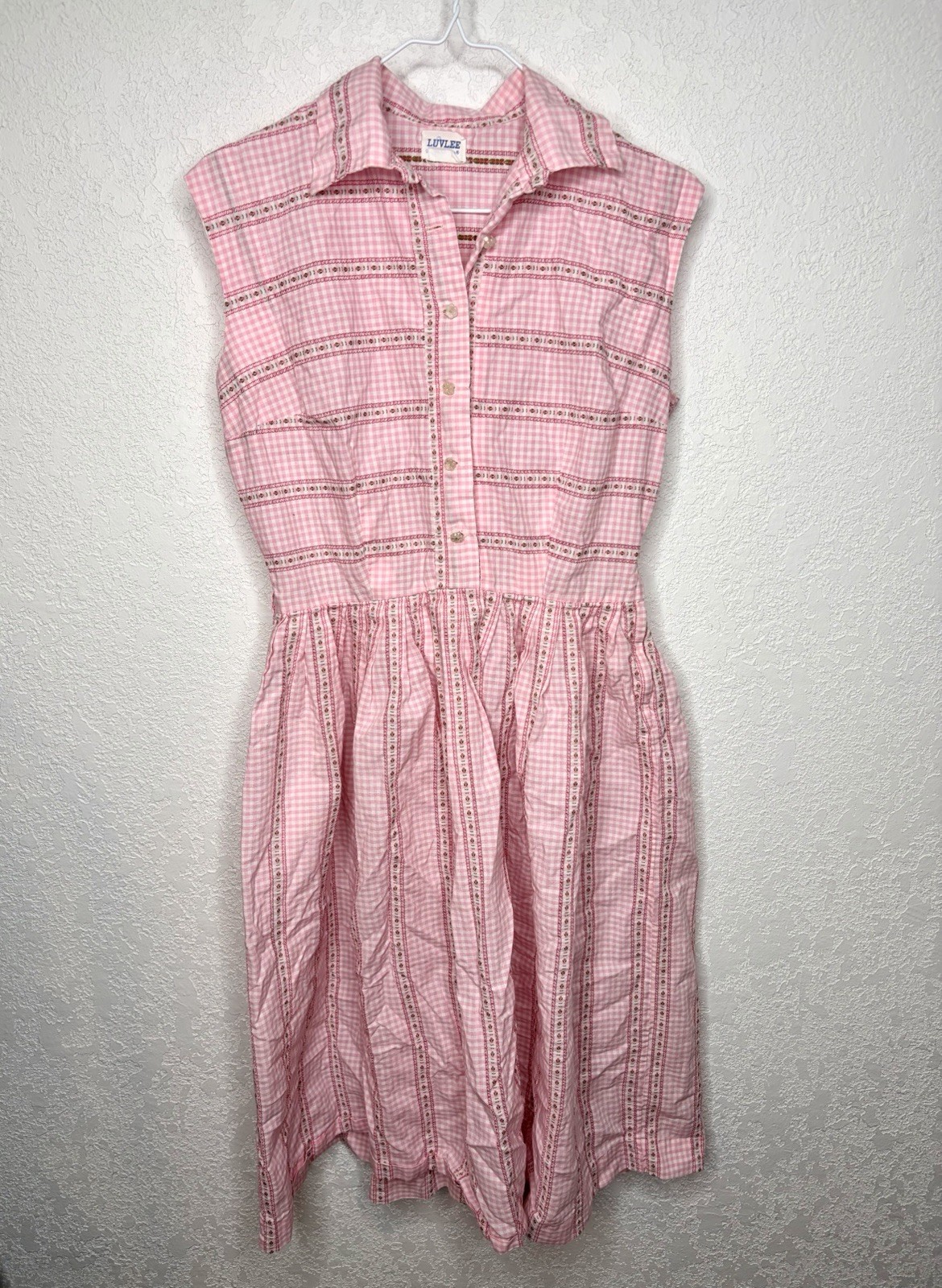 Vintage 1960s Luvlee Lady Cottagecore Pink And White Gingham Dress Womens Size M