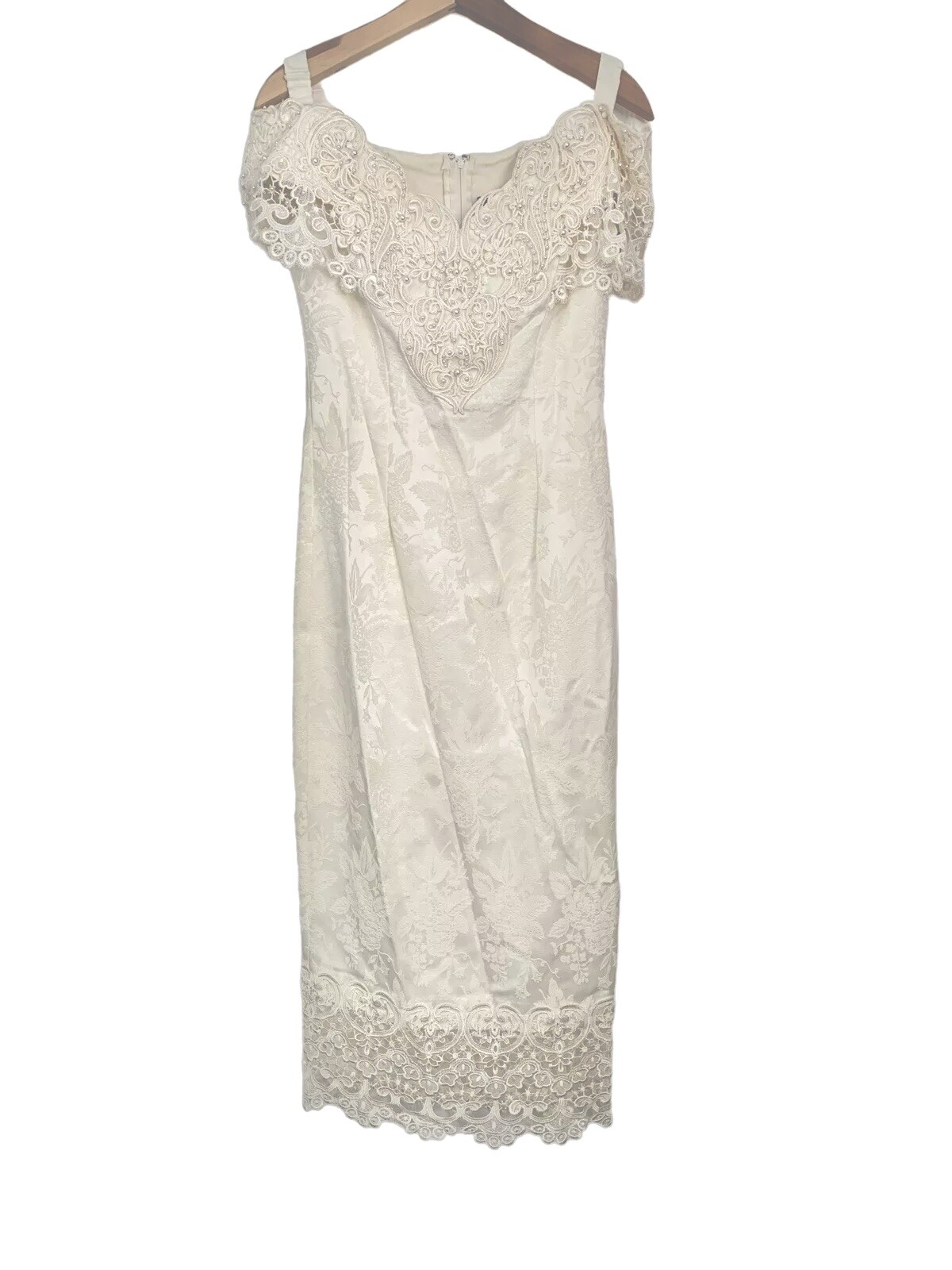 VTG 90s Pearls Lace Wedding Dress Cachet by Bari Protas Ivory Volup Gown Bodycon