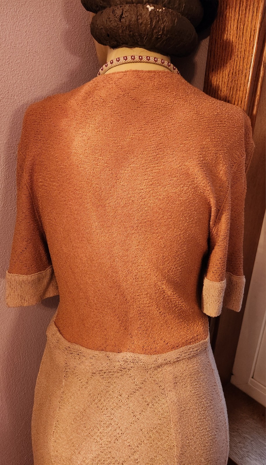 Vintage 1930s Two Tone Tan Knit Rayon Dress S
