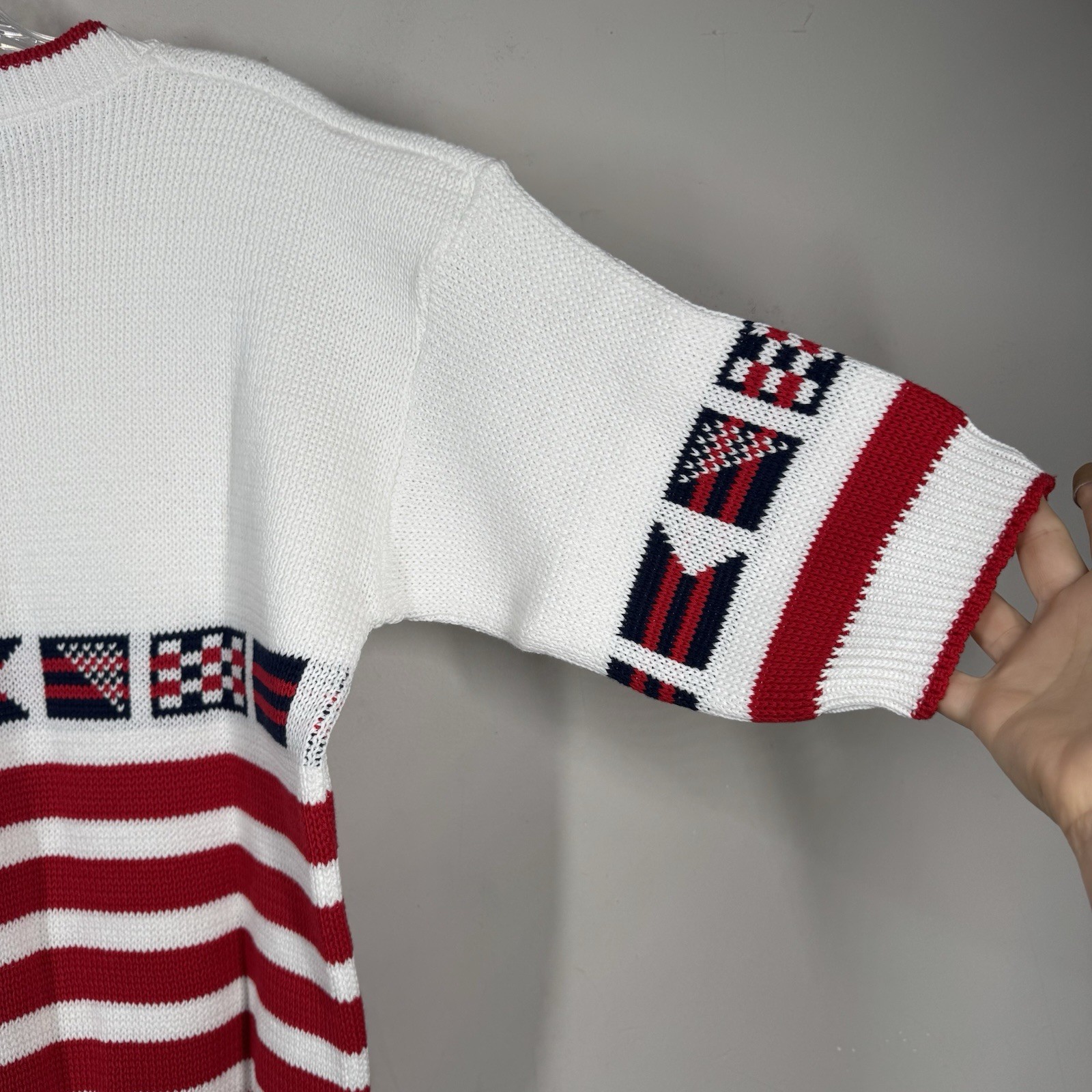 Sweater Loft Vtg Short Sleeve Nautical Preppy Knit Flags Cotton USA Sz S NWOT