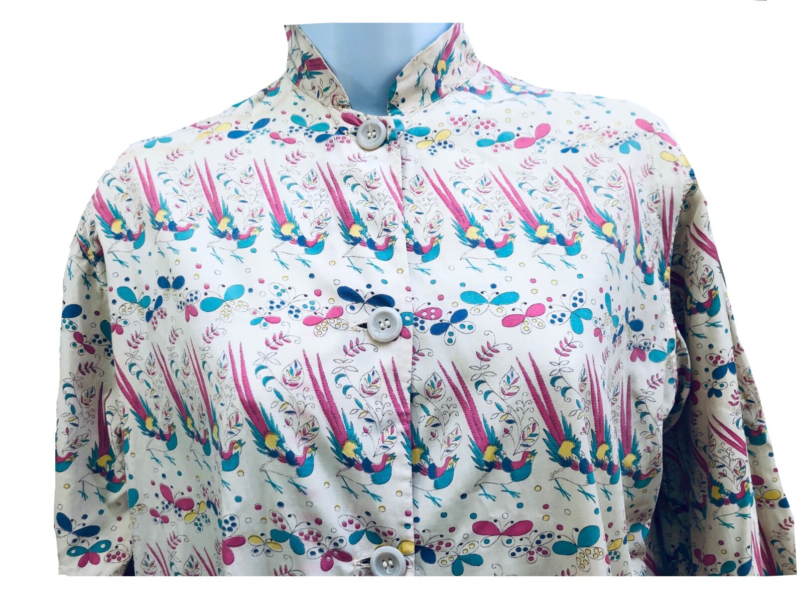 Vintage 40s Silk Rayon Blend Mandarin Collar Fun Print Ivory Blouse Top size 34