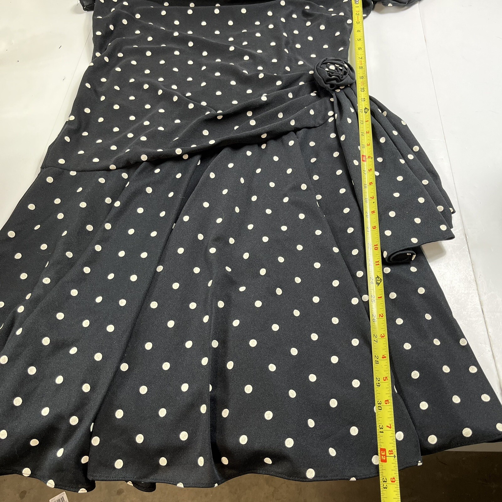 Vintage Black Dress Size 15 16 Black White Polka Dot Gathered Party Classic 80s