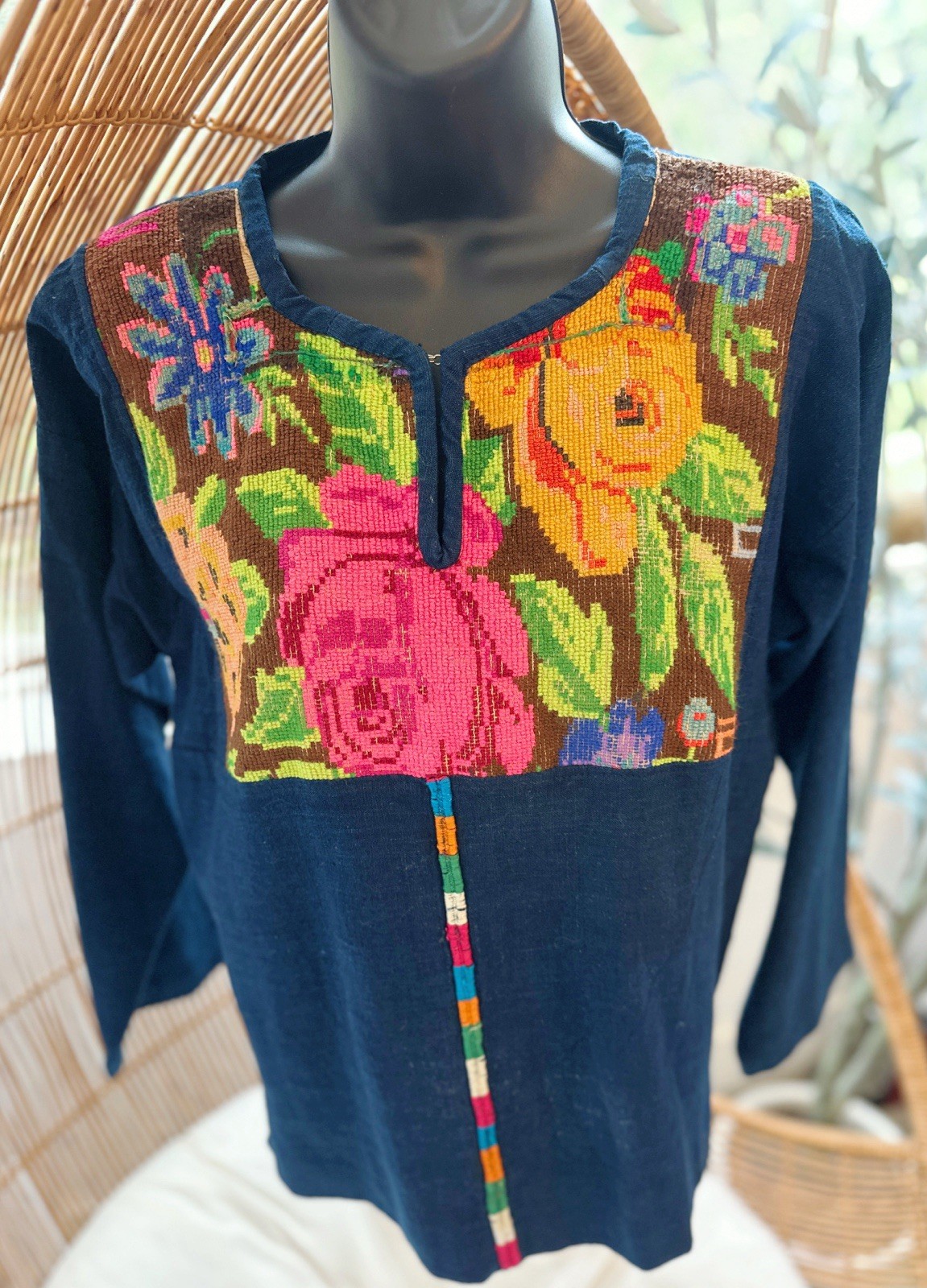 Vintage 60s 70s Hippie Top Guatemalan Indigo Floral Cotton Embroidered Top Shirt