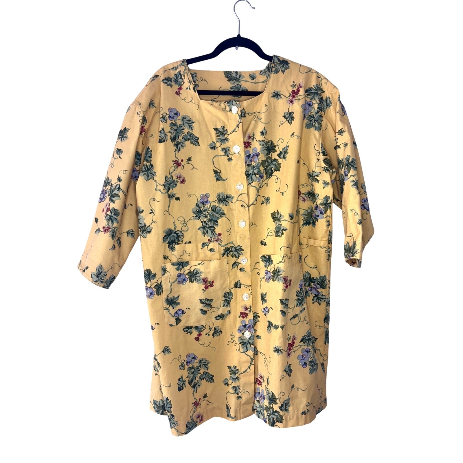 Vintage 1980s Gianna Rose Butter Yellow Floral Tunic Smock Chore Coat Artist S