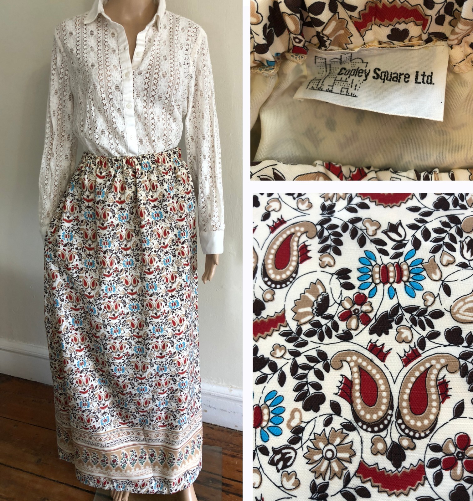 vtg 1970s COPLEY SQUARE Ltd Pull On Maxi Skirt Waist fits 25″-31″ Satin Paisley