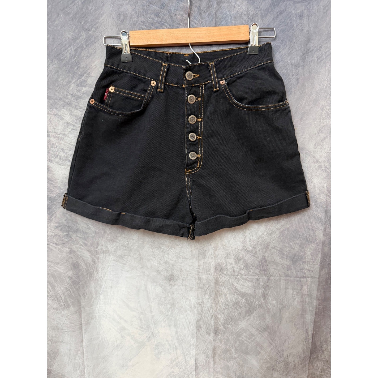 Vintage LEI High Waisted Black Denim Button Fly Shorts Size 9 Made USA Y2K 90s