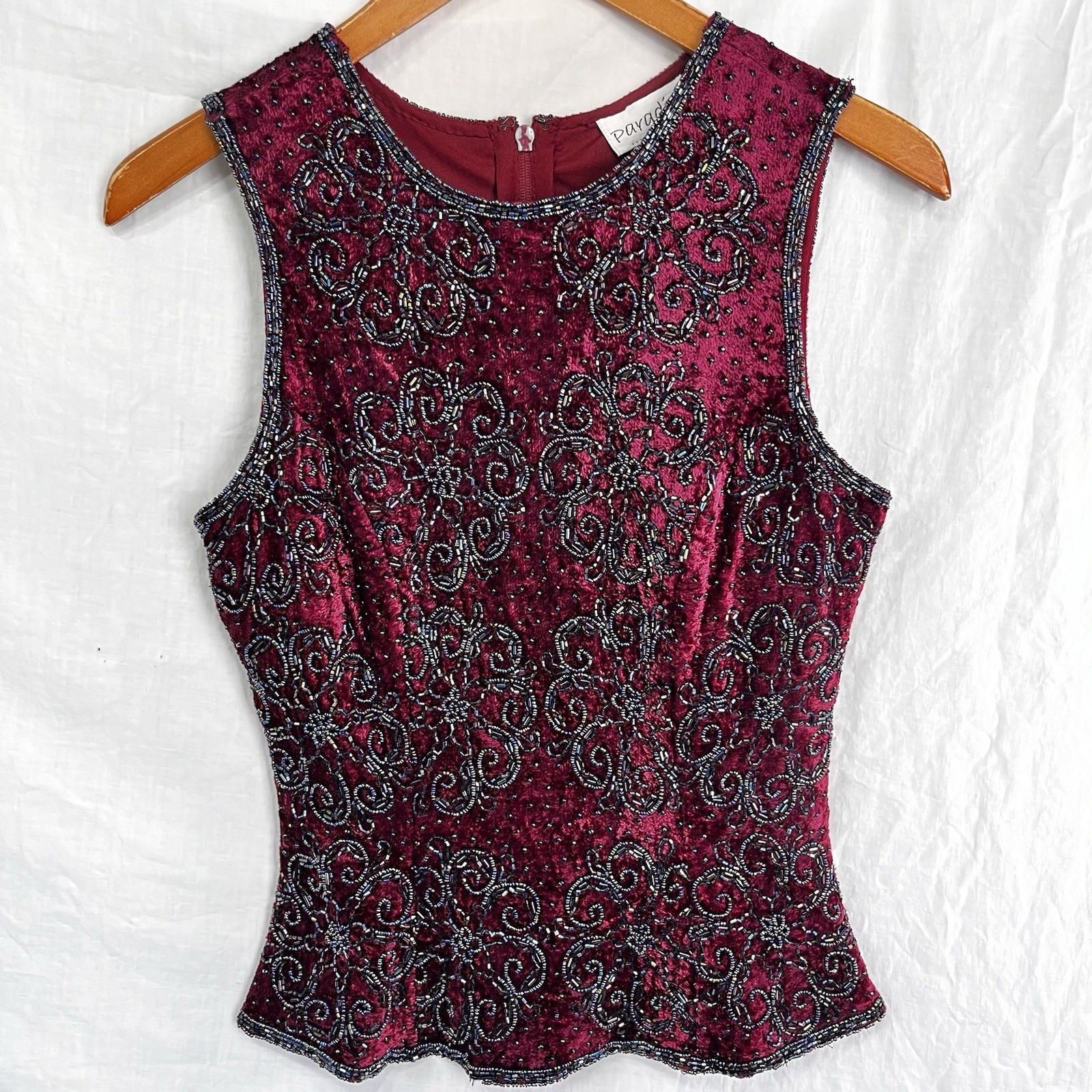 Vintage Paradise NY Beaded Velvet Floral Sleeveless Top Maroon Zip Size Small S