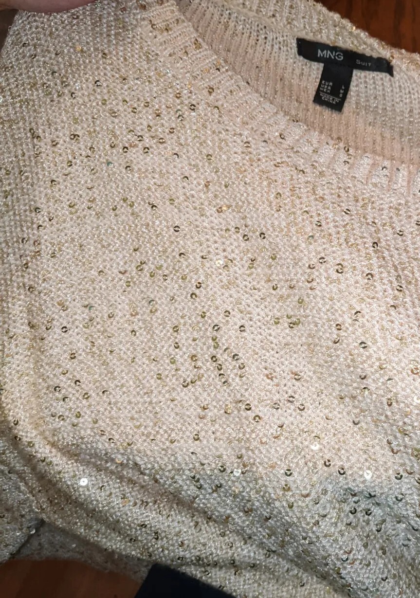 Women’s MANGO Ivory Gold Sequin Oversized Oversized Sweater 3/4 Sleeve
