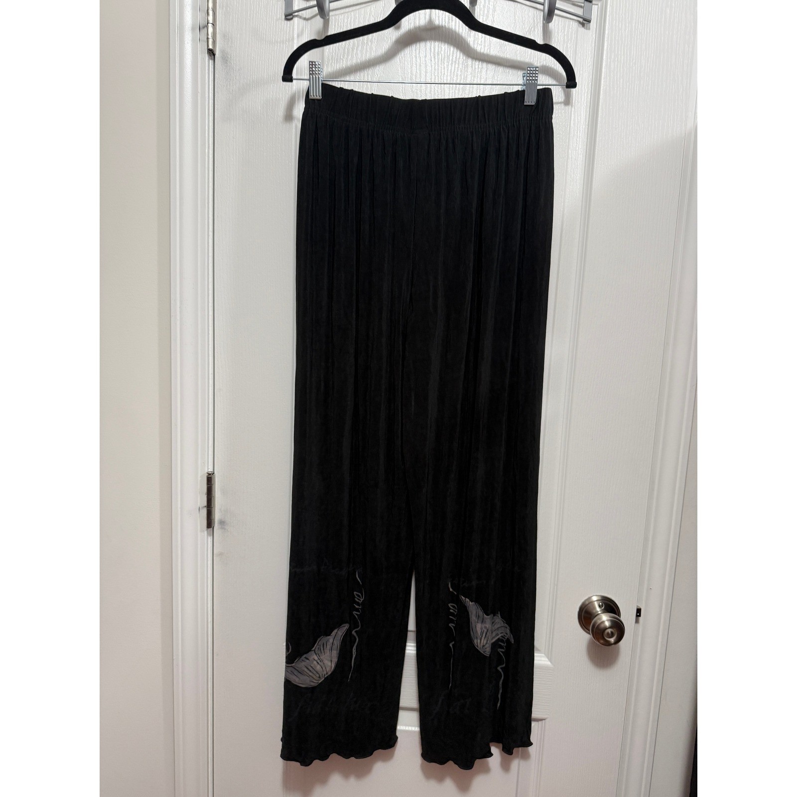 Vintage Blue Fish Wide Leg Pants Size 1 USA Black Artsy Acetate Stretch Boho