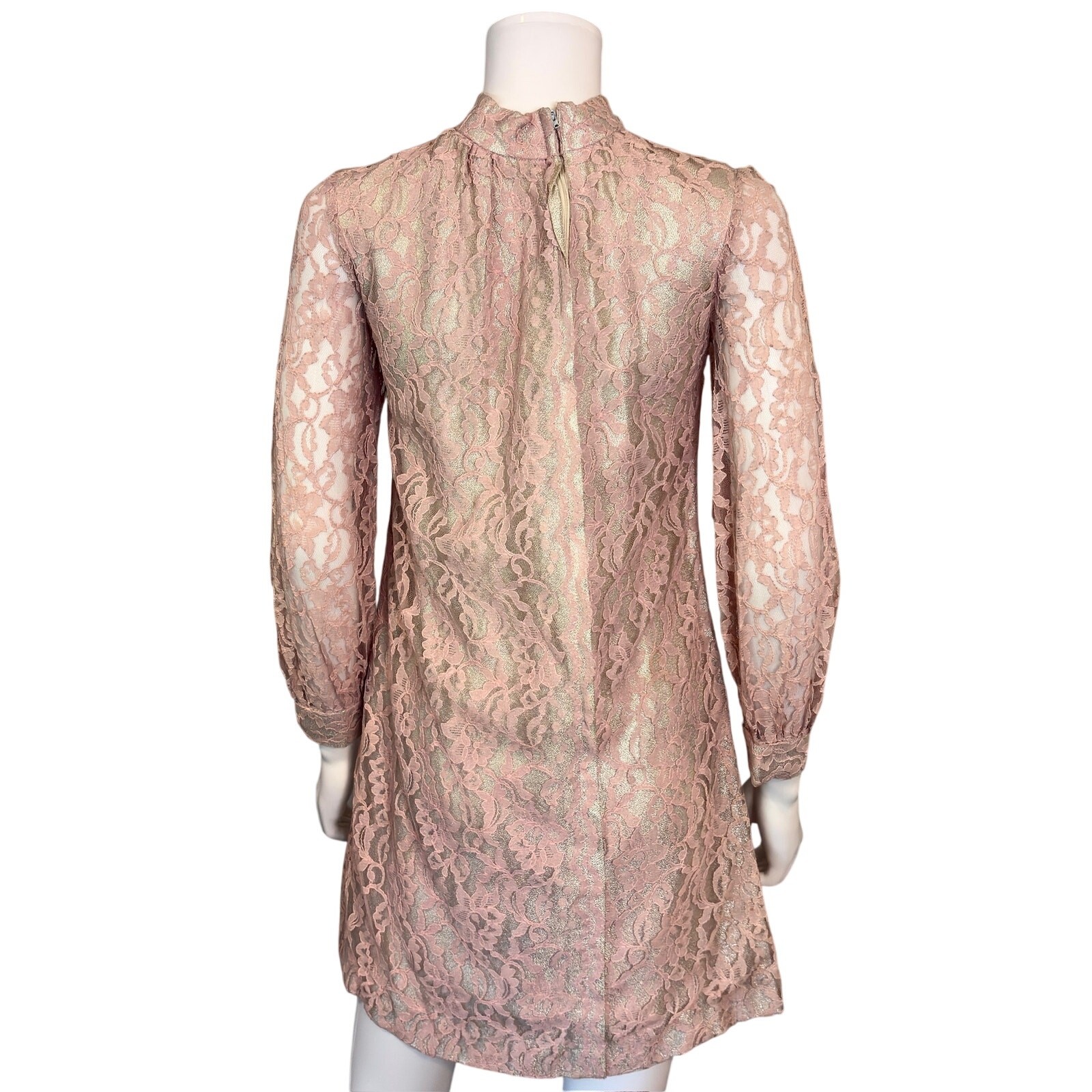 Vtg 60s Pink Metallic Lace Mini Dress S/M High Neck Mod Party Go-Go Sheer Sleeve