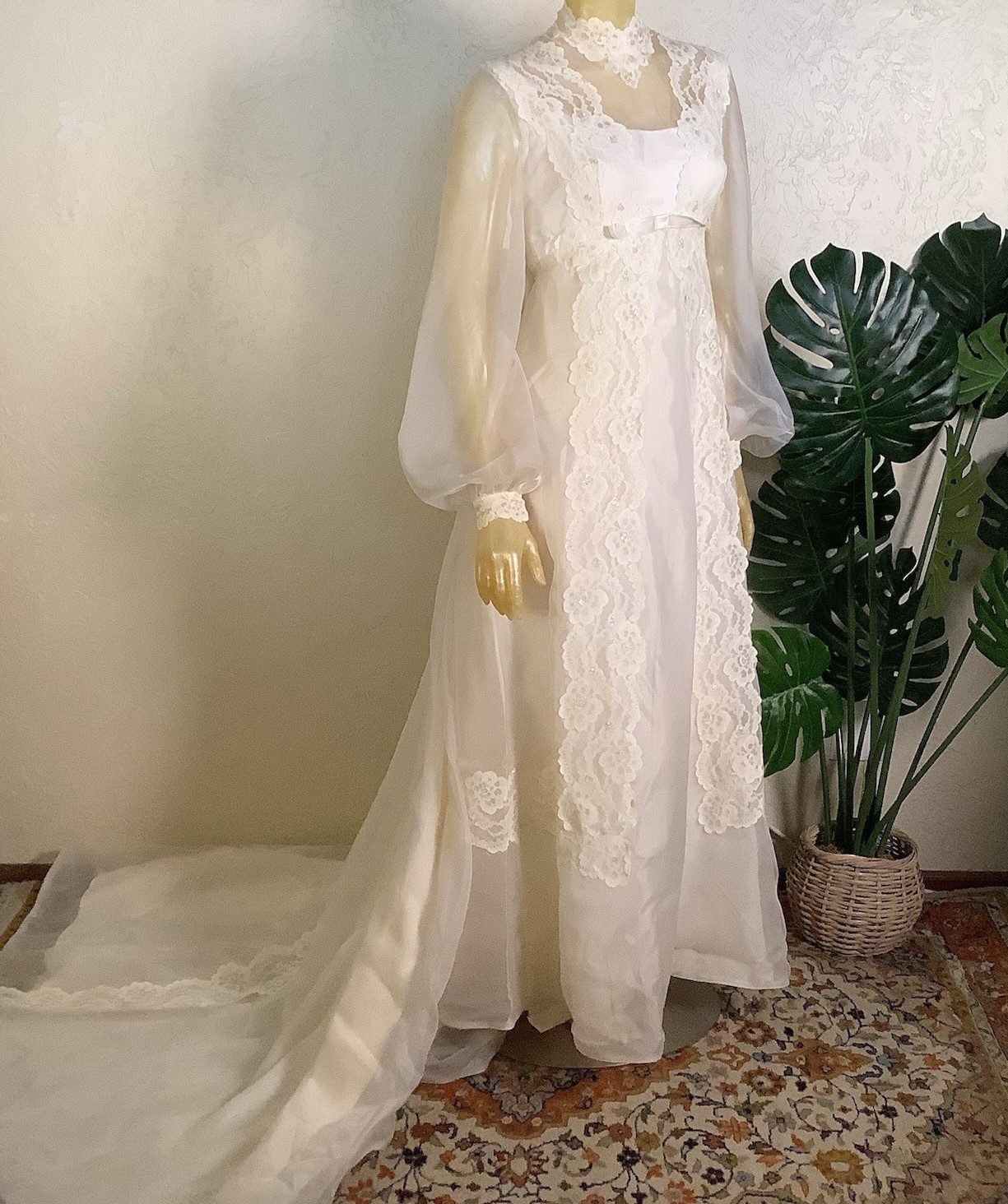 1970s Bridal Originals Regency Inspired Empire Waist Lace Wedding Dress & Train