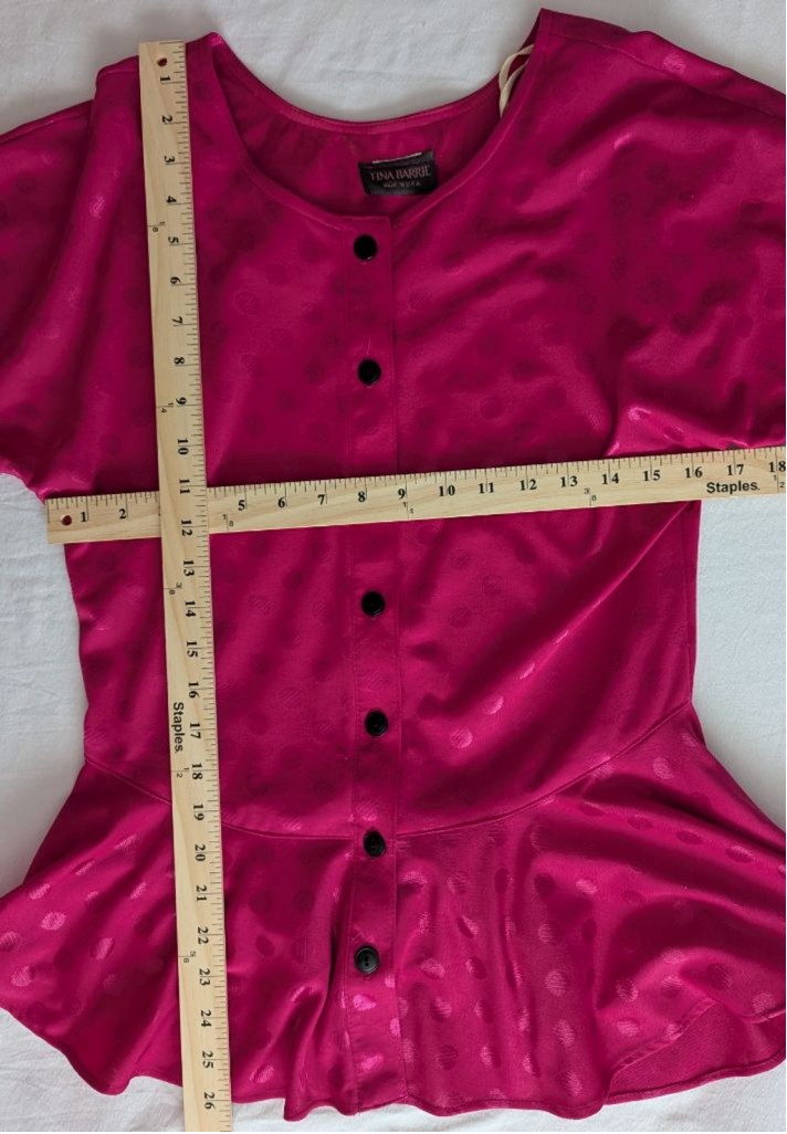 Vtg Hot Pink Polka Dot Jacquard Peplum Blouse 3/4 Sleeve Made in the USA Office