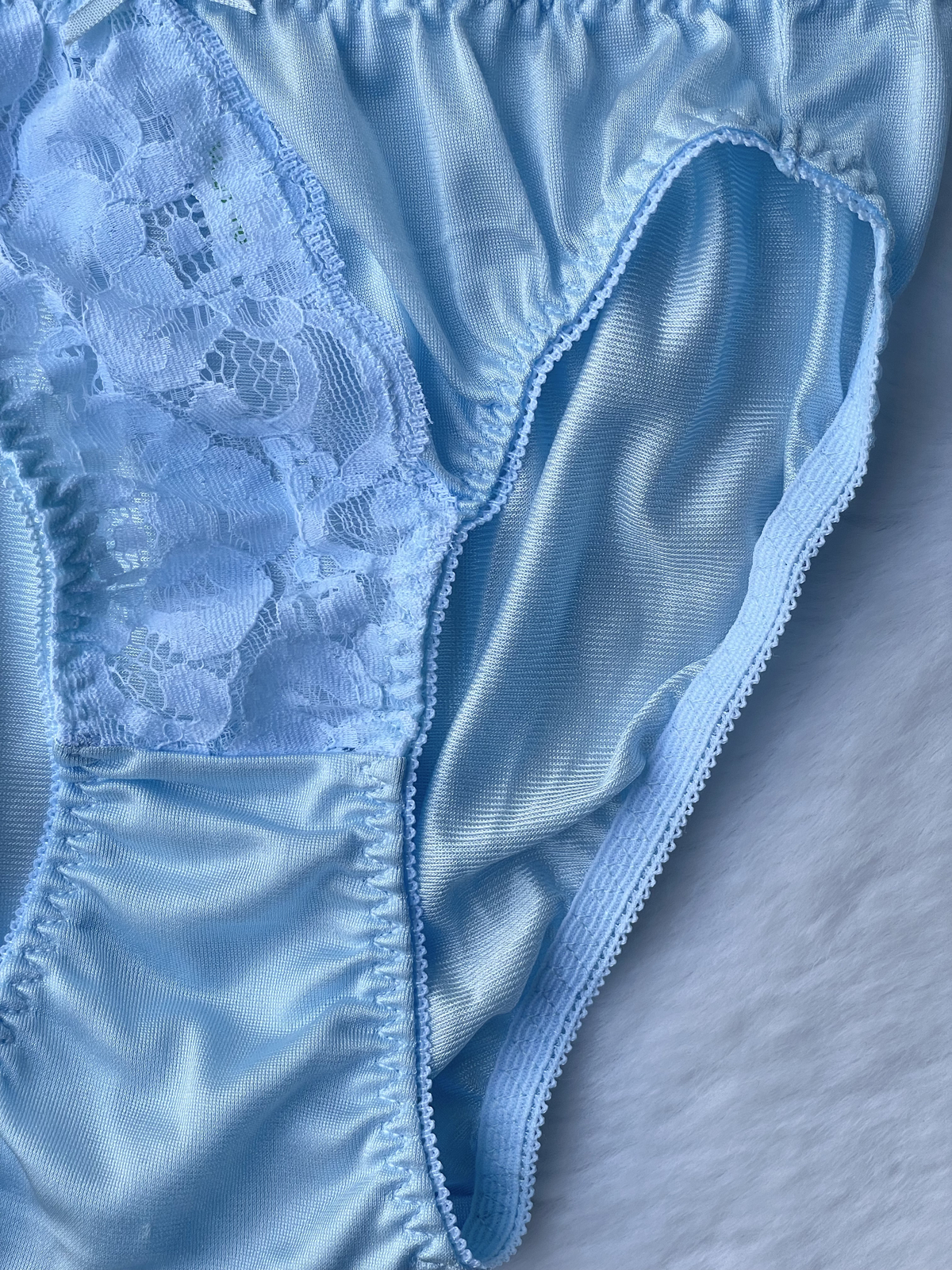 Vtg Slippery Powder Blue Nylon Panty Sheer Lace Hi Cut Briefs SZ.5-6 Hip 35-38″