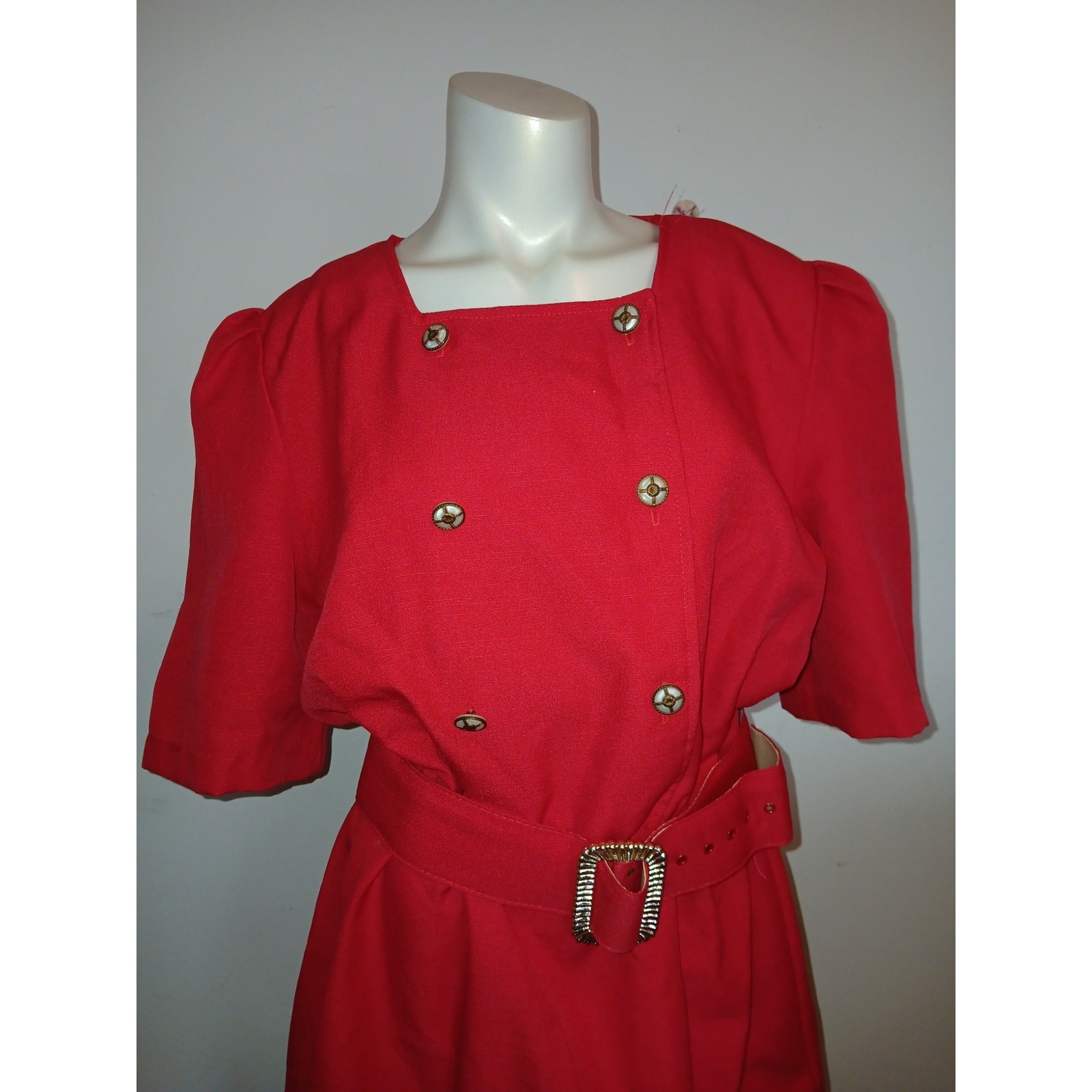 Vintage 1980s Red Square Neckline Belted Dress California Girl Size 18 XL Career