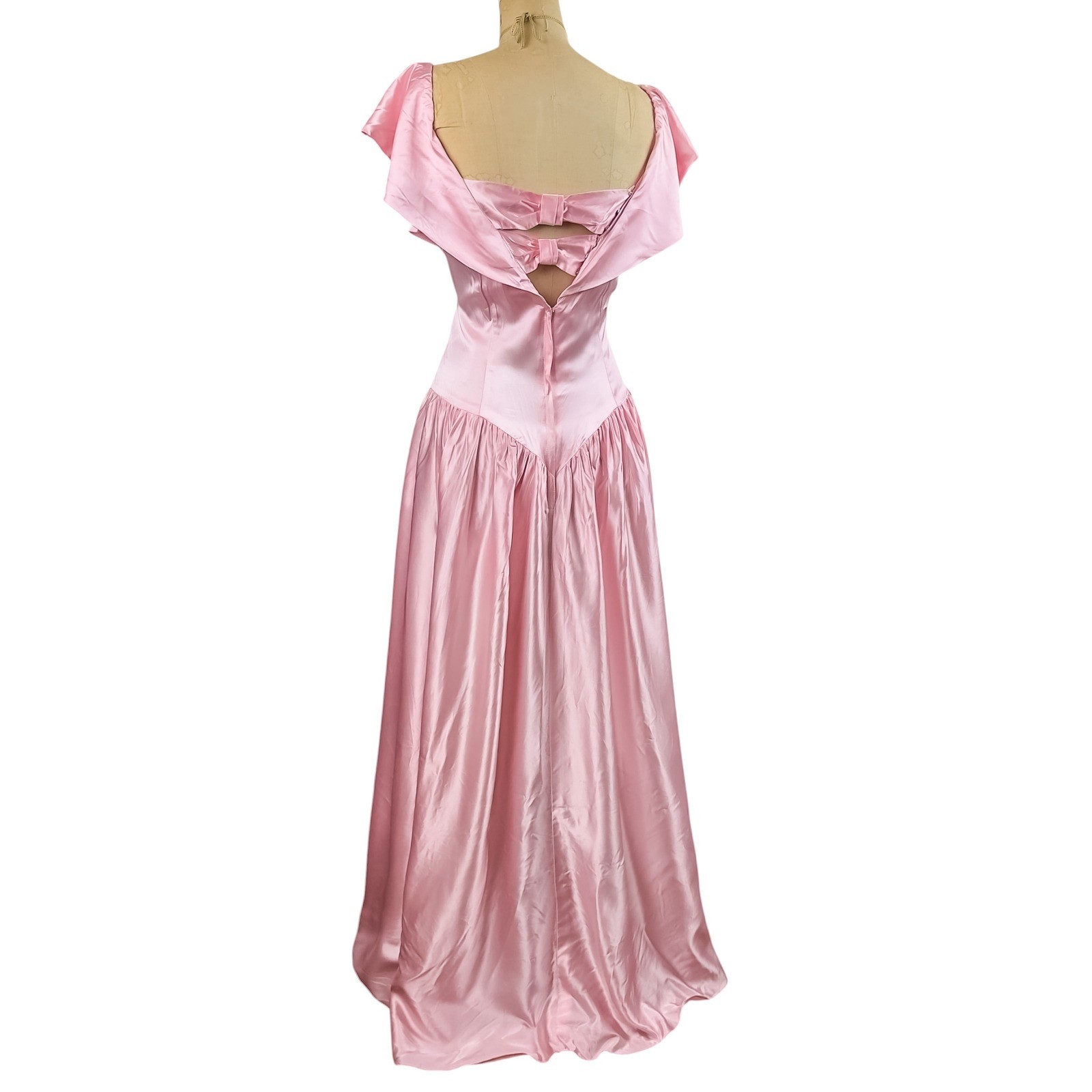 Vintage 80s Satin Pink Formal Ball Gown Princess Bow Hi Low Prom Party Dress