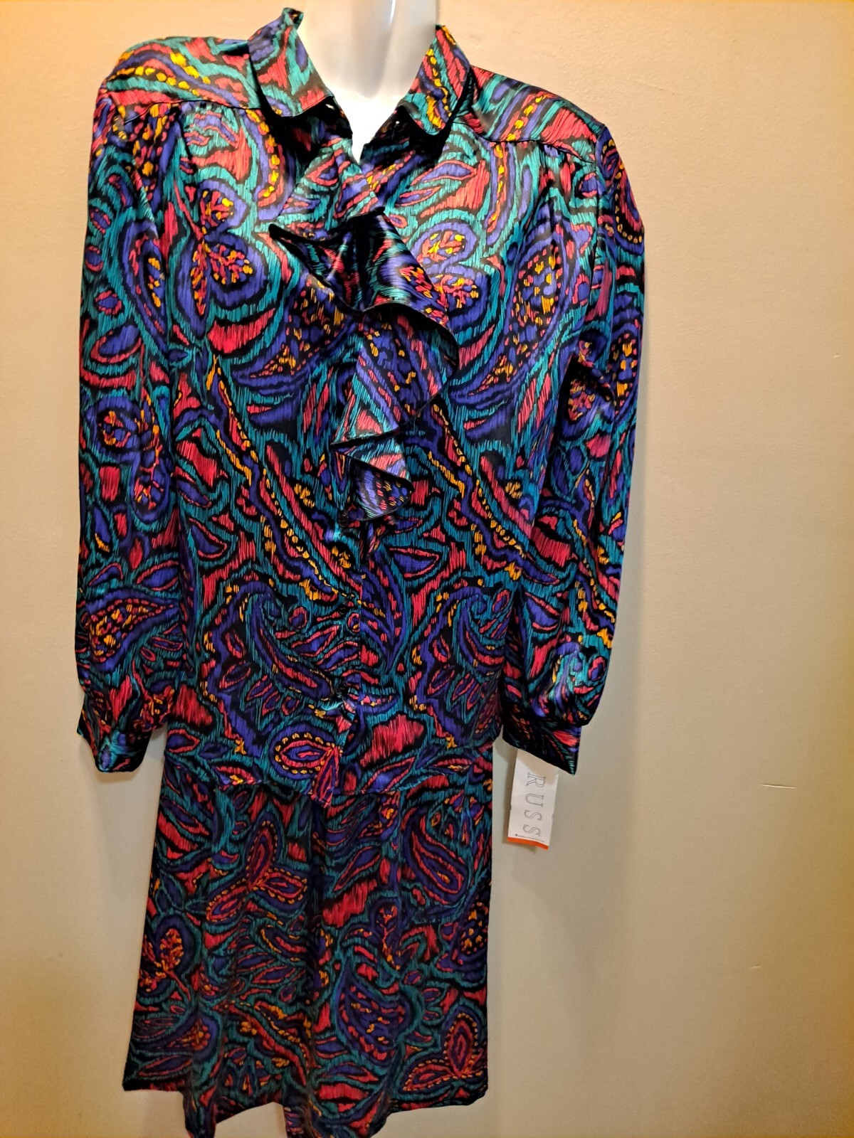 Vintage 80’s/90’s Russ 2 Piece Skirt Blouse Set Satin Floral Size 14 New
