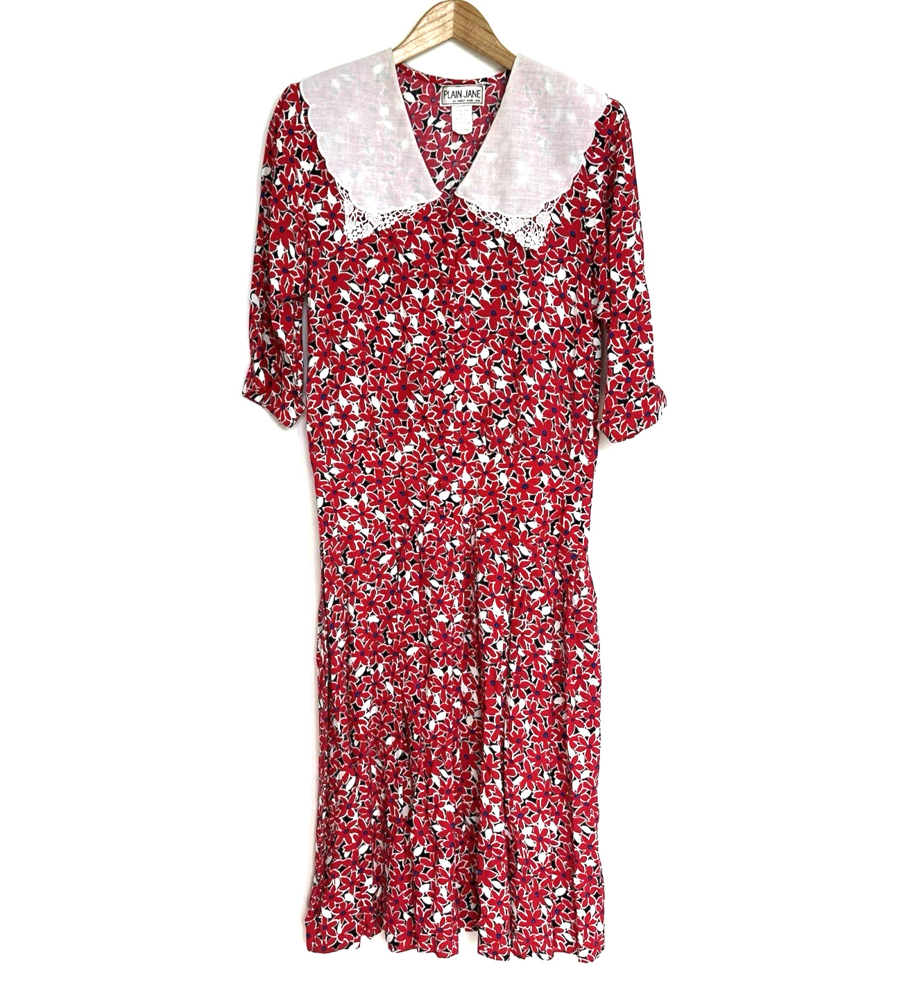 Vintage 90s Plain Jane Floral Fit & Flare Rayon Dress 9 Peter Pan Collar