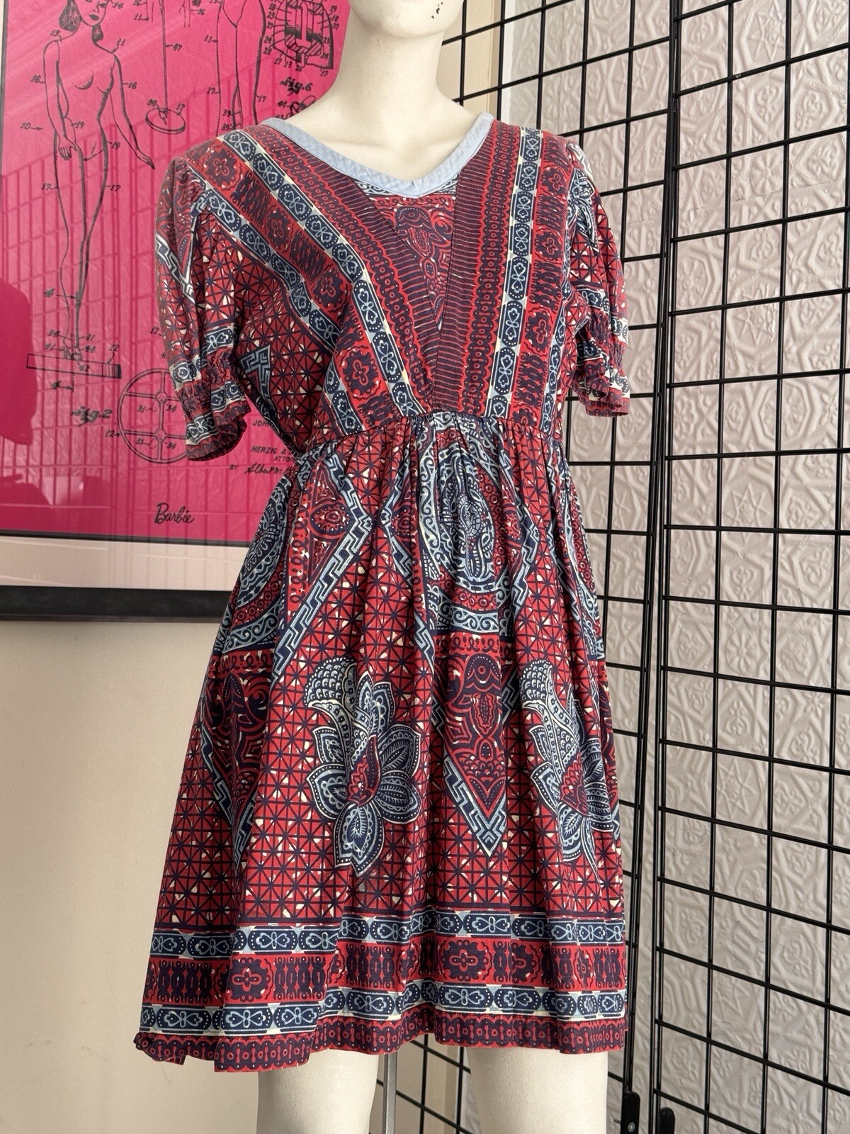 Vintage Theatrical Dress-mini Babydoll Red Blue Print Puff Sleeve-S-coquette