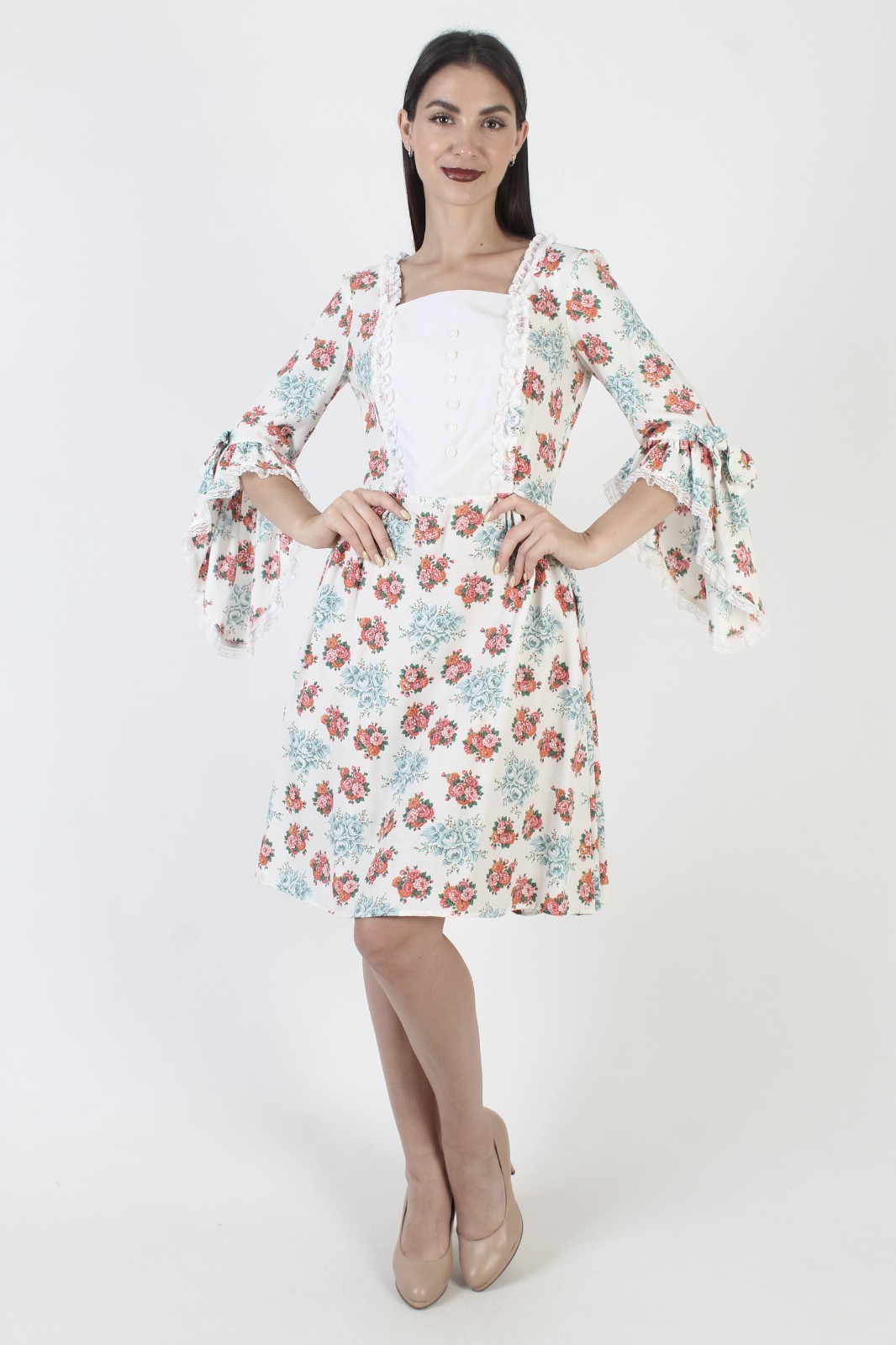 Vintage 70s Romantic Country Folk Dress Floral Prairie Trumpet Slv Homespun Mini