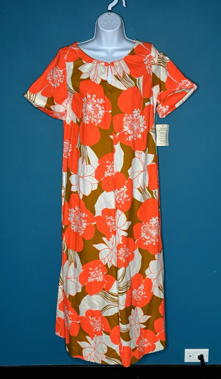 NWT Vtg 70s Reef Hawaii Cotton Barkcloth Caftan Dress BIG Floral Orange Sz S