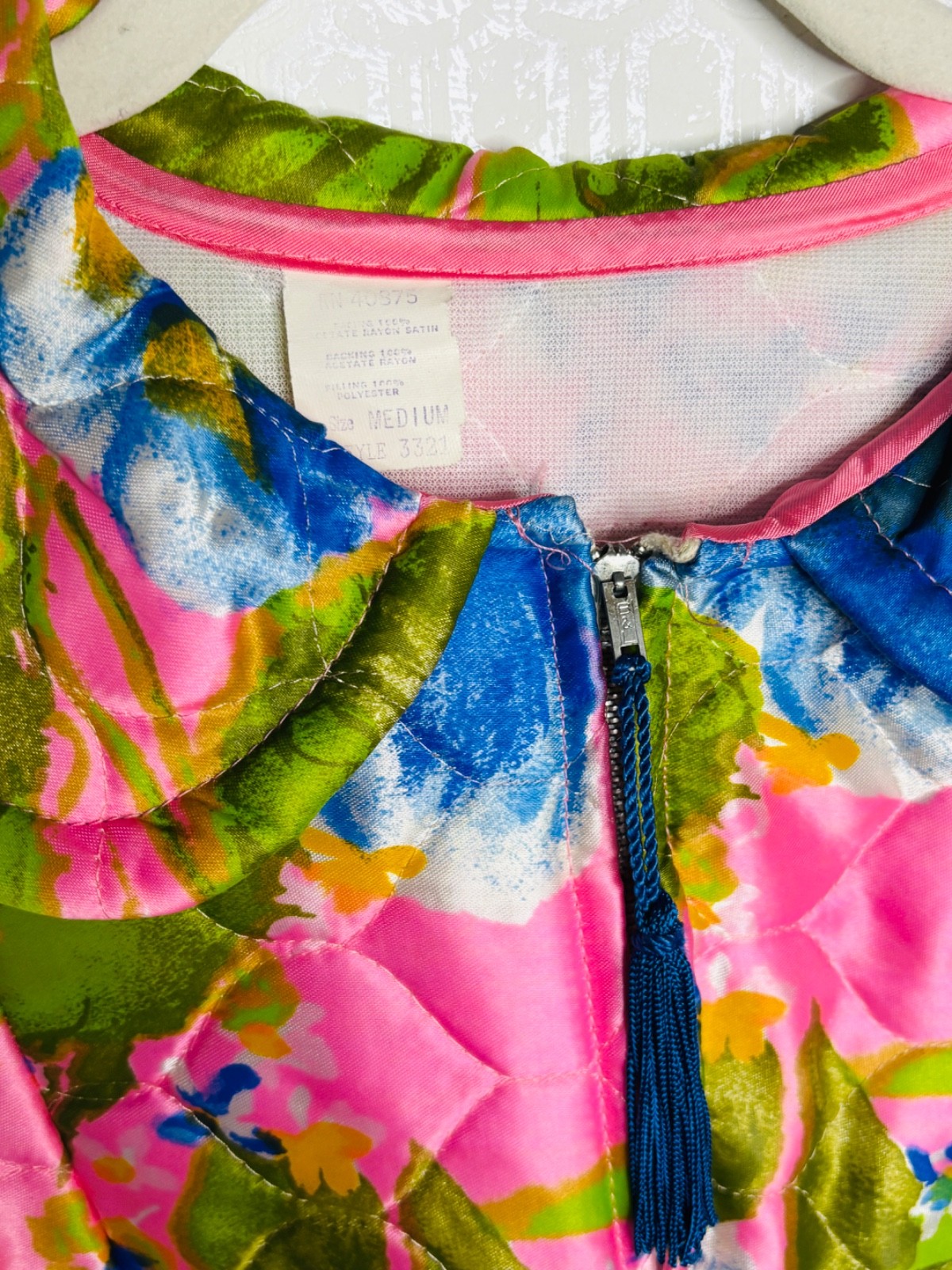 NOS VTG 60’S SATIN PINK BLUE FLORAL QUILTED HALF ZIP HOSTESS LOUNGE ROBE DRESS*M