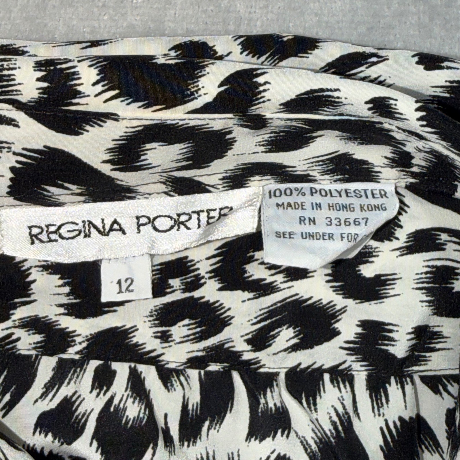 Vintage Regina Porter Leopard Print Button Down Shirt Size 12 Black White 90s