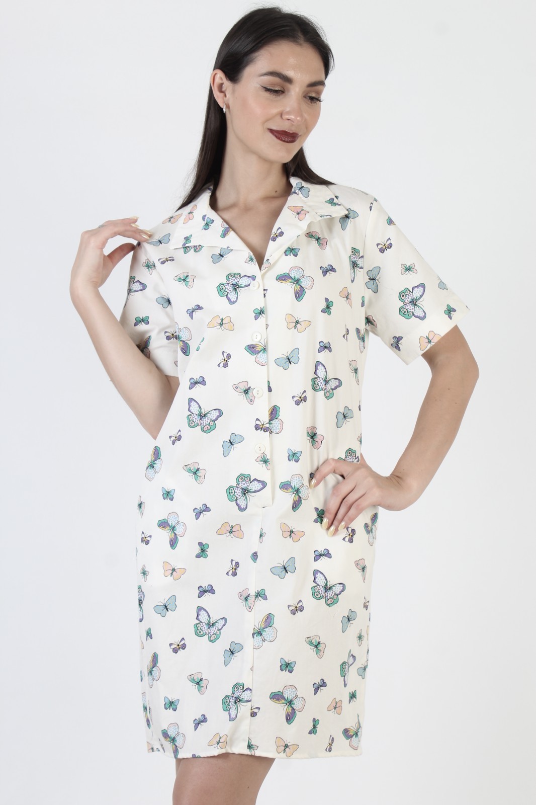 Vtg 70s White Butterfly Print Dress Cotton Shift Dagger Collar Mini House Frock
