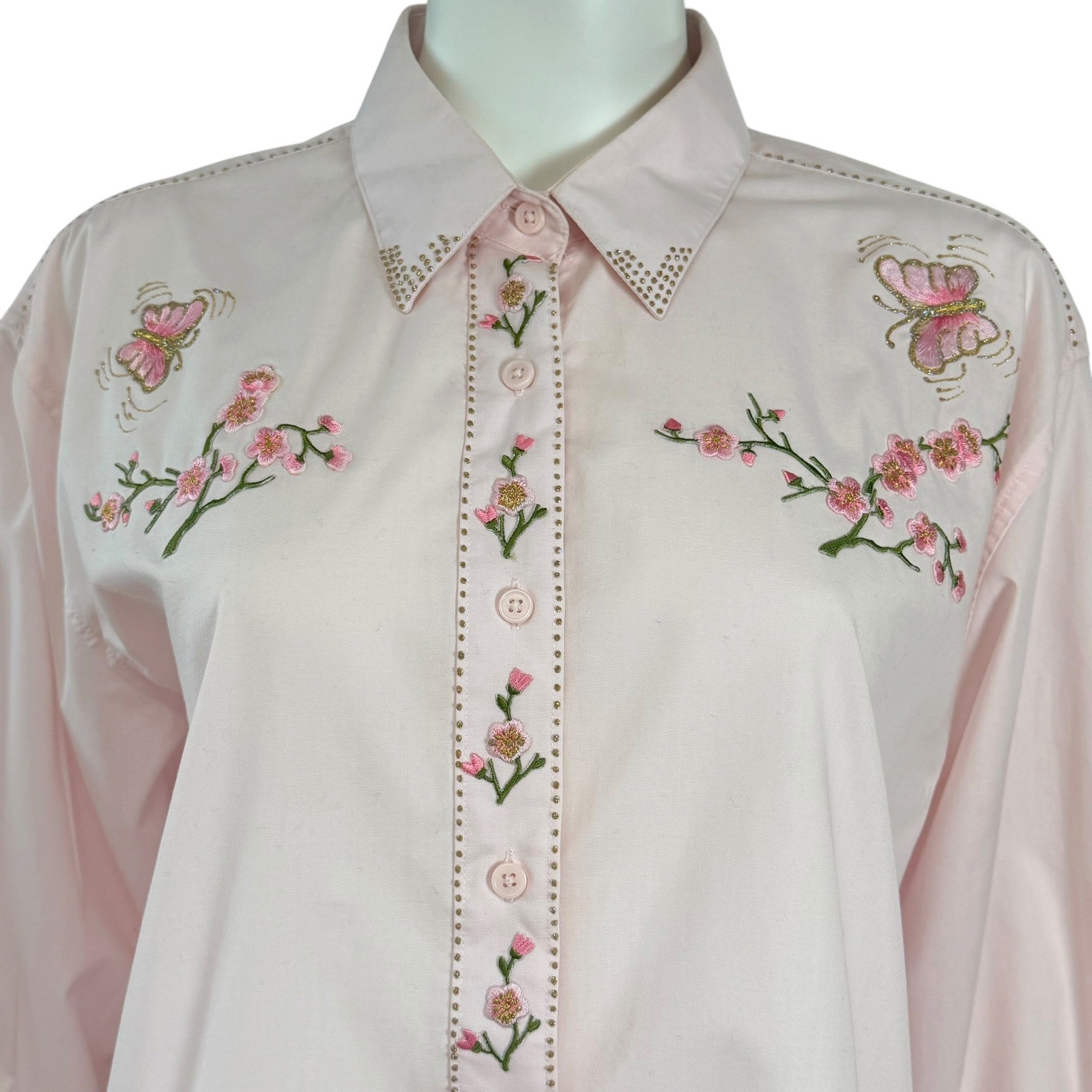 Pink Embroidered Floral Button Up Fairycore Western Romantic Cottagecore Large