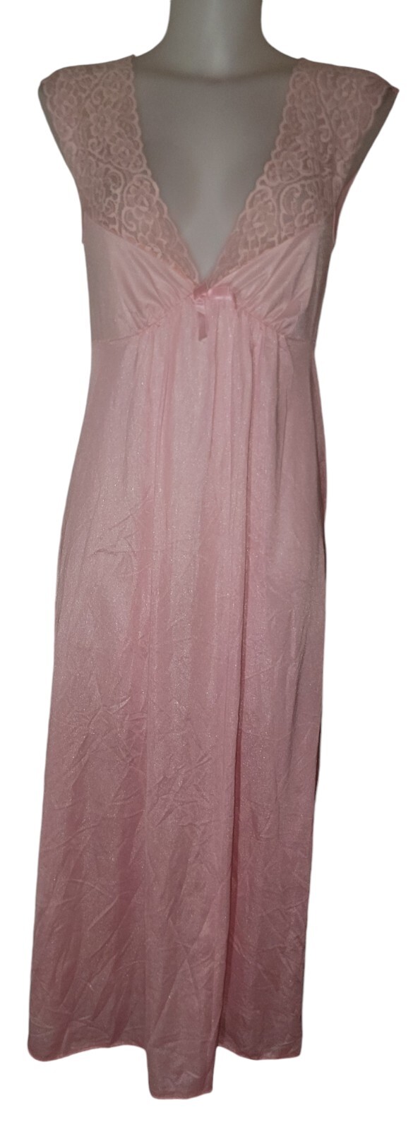 Vtg Womens Victorian Pink Lace Sheer Kawaii Coquette Fairycore Maxi Dress Sz M
