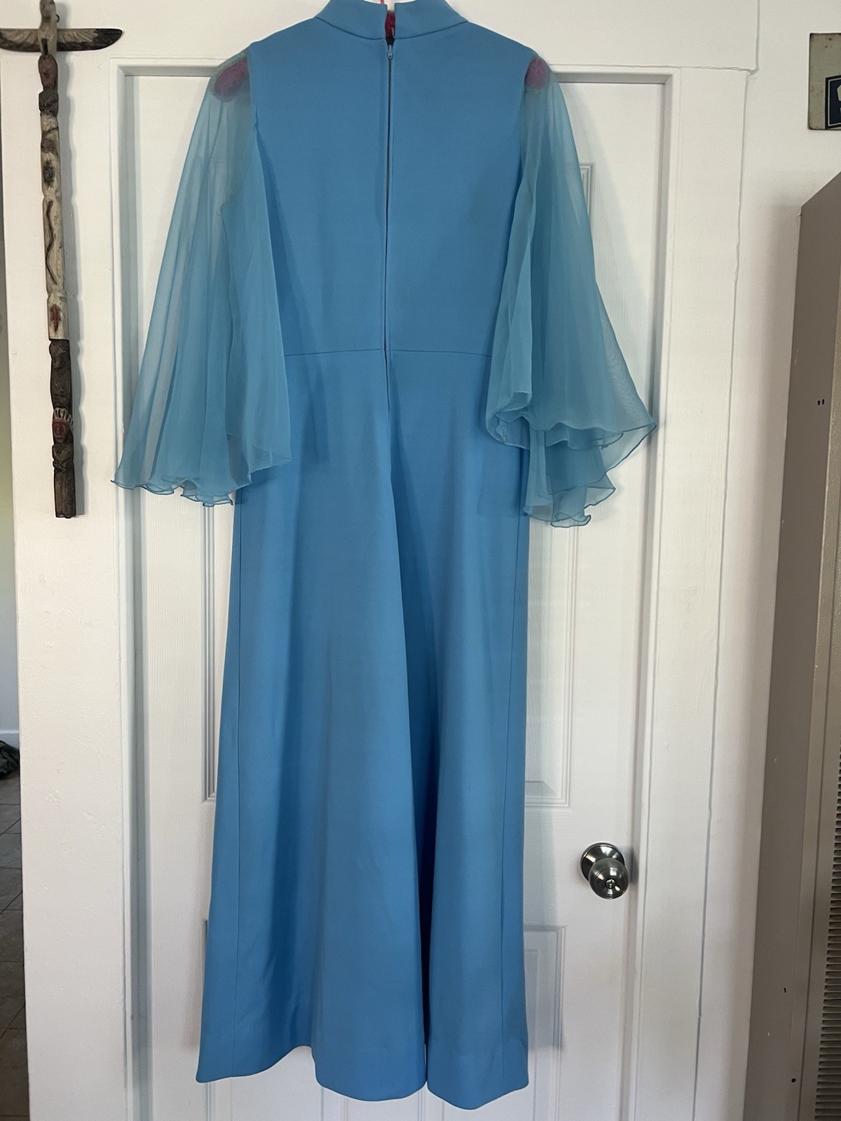 Vtg 70 Miss Rubette Maxi Dress Sheer Angel Sleeve Prong Rhinestone Teardrop L/XL