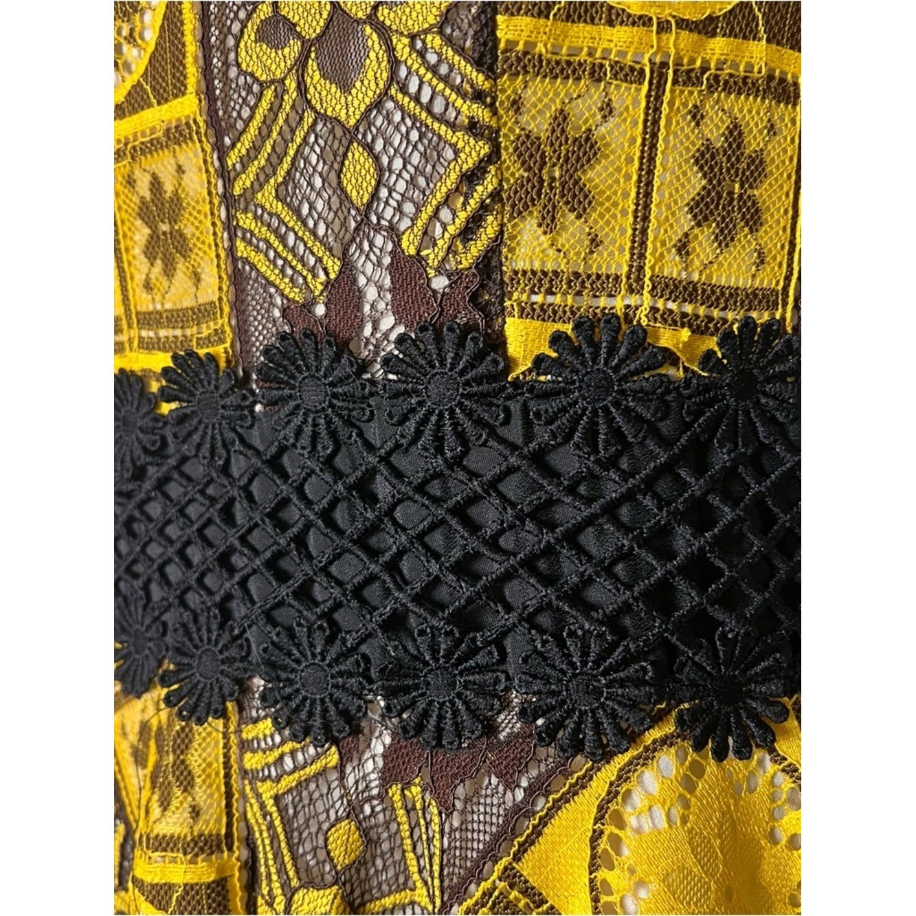 VTG 60s 70s Yellow Brown Lace Overlay Handkerchief Hem Midi Dress Sz S/M