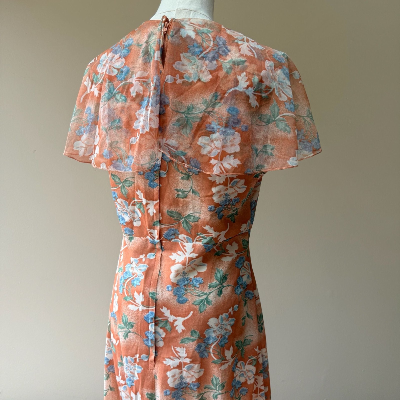 Vintage 1970s Orange Floral Print Maxi Dress Capelet Flutter Sleeve