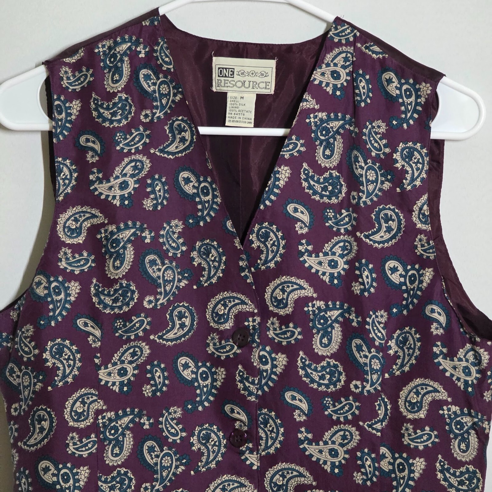 💜 VTG 80s–90s One Resource Silk Vest | Purple Gray Blue Paisley | M | Groovy!!!