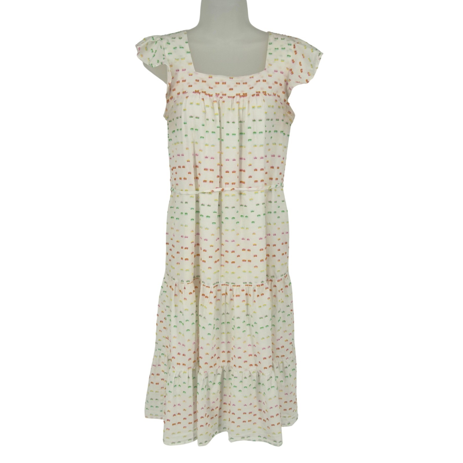 Draper James RSVP White Clip Dot Midi Dress XS Rainbow Tiered Cottagecore