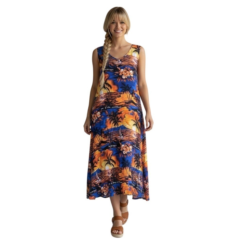 Jamaica Tropical Maxi Dress XL Orange Blue Beach Vacation Boho Casual Cruise