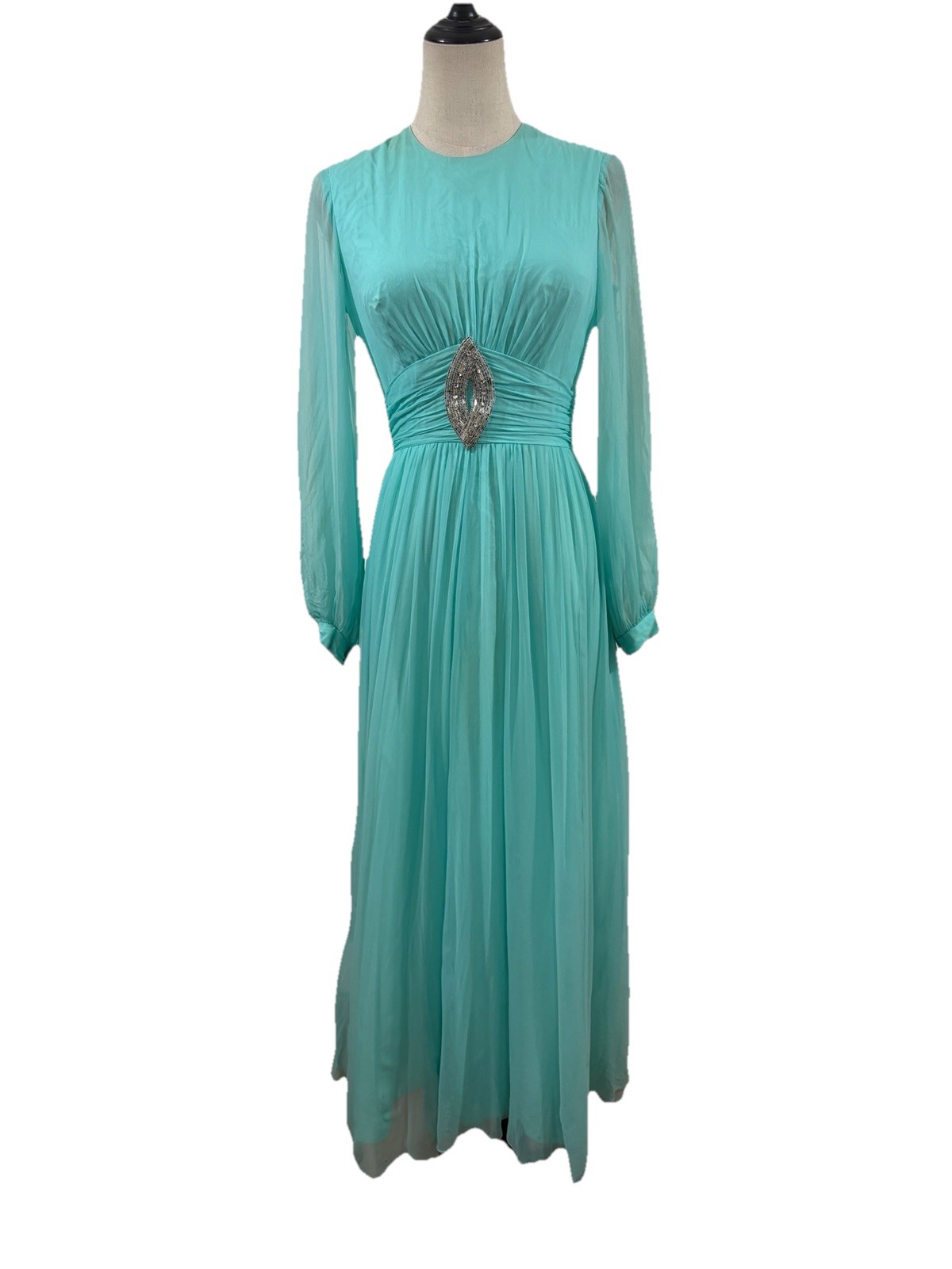 Vtg 70s Teal Blue Chiffon Maxi Dress Beaded Emblishment Sheer Sleeves 26” W