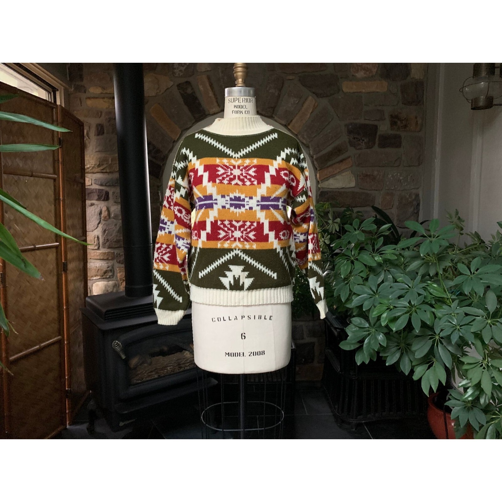 Vintage 1980s Ivory Olive Green Geometric Mock Neck Sweater