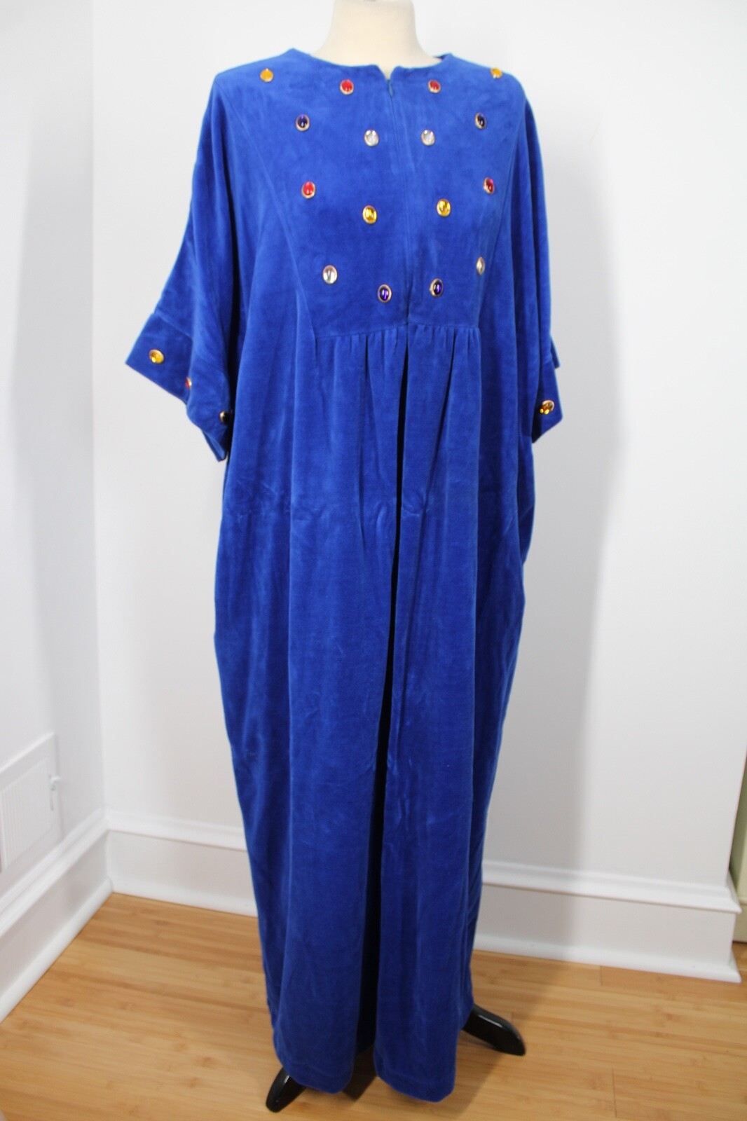 Vtg Brownstone Studio M Royal Blue Plush Jeweled Zip House Dress Robe USA