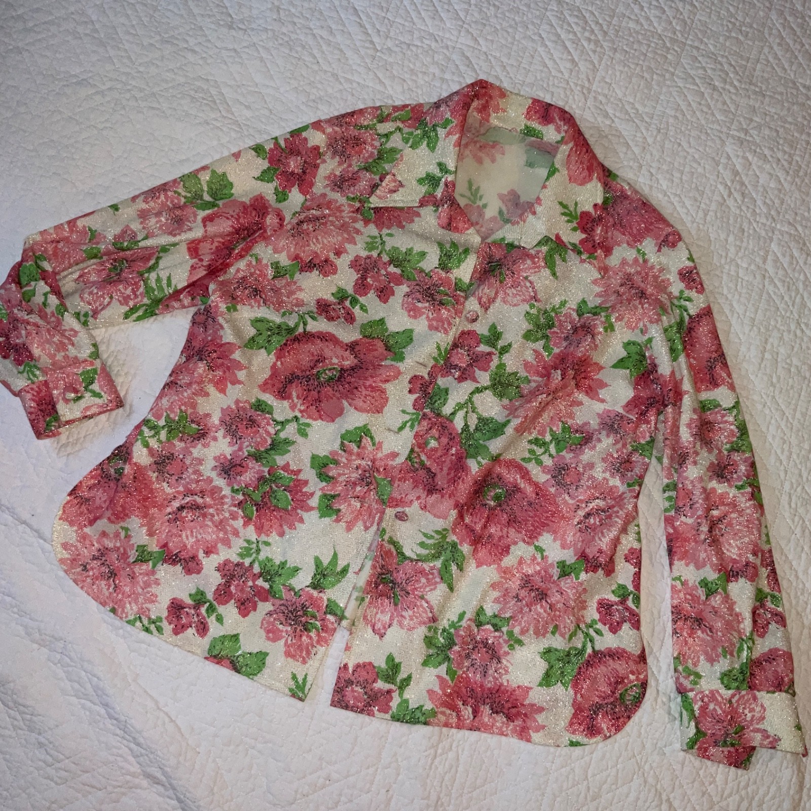 Vintage 60s maxi dress shirt set Womens size 18 XL floral metallic pink green