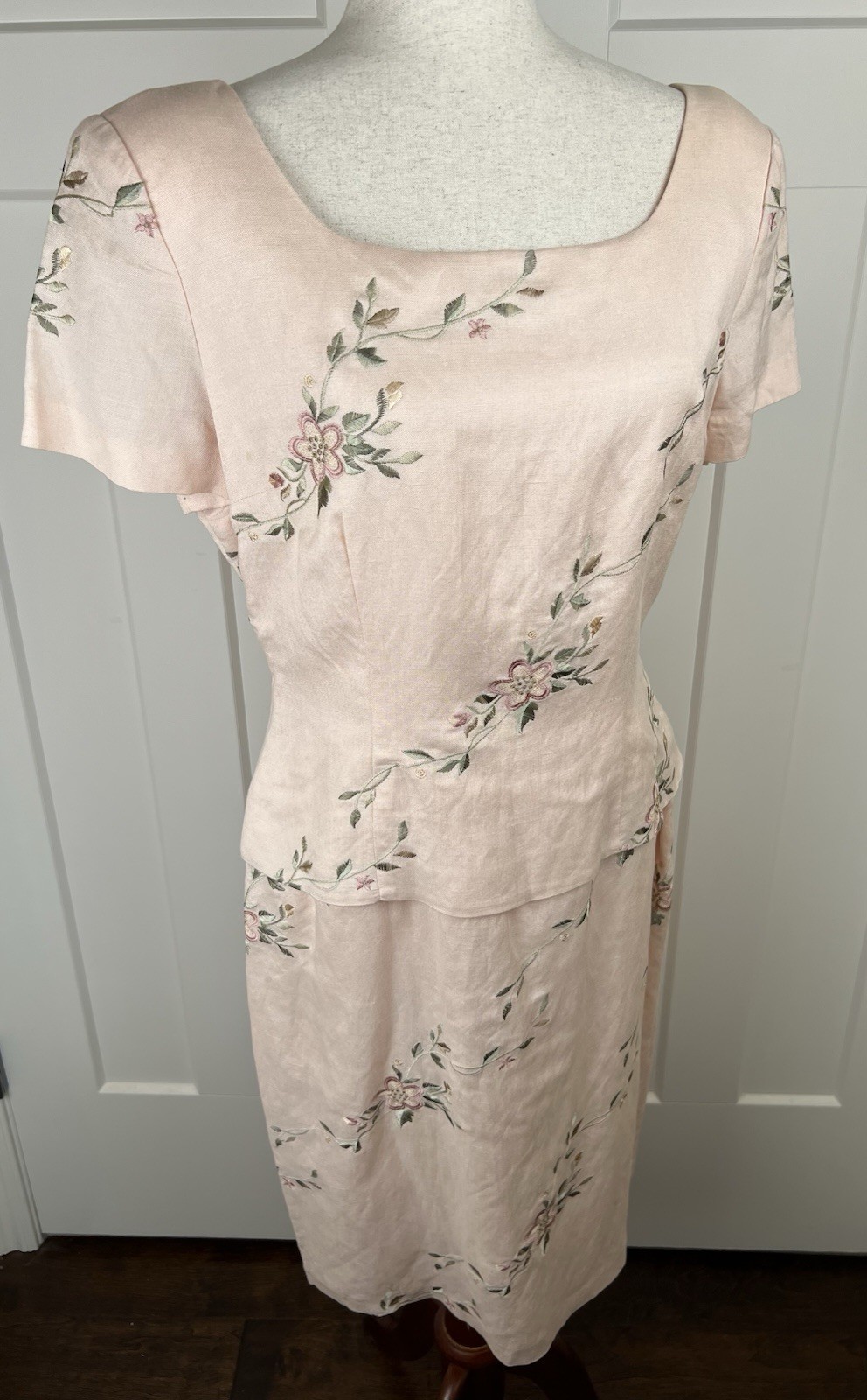 Vintage Donna Morgan Dress 10 Pink Linen Blend Embroidered Floral Midi Cottage