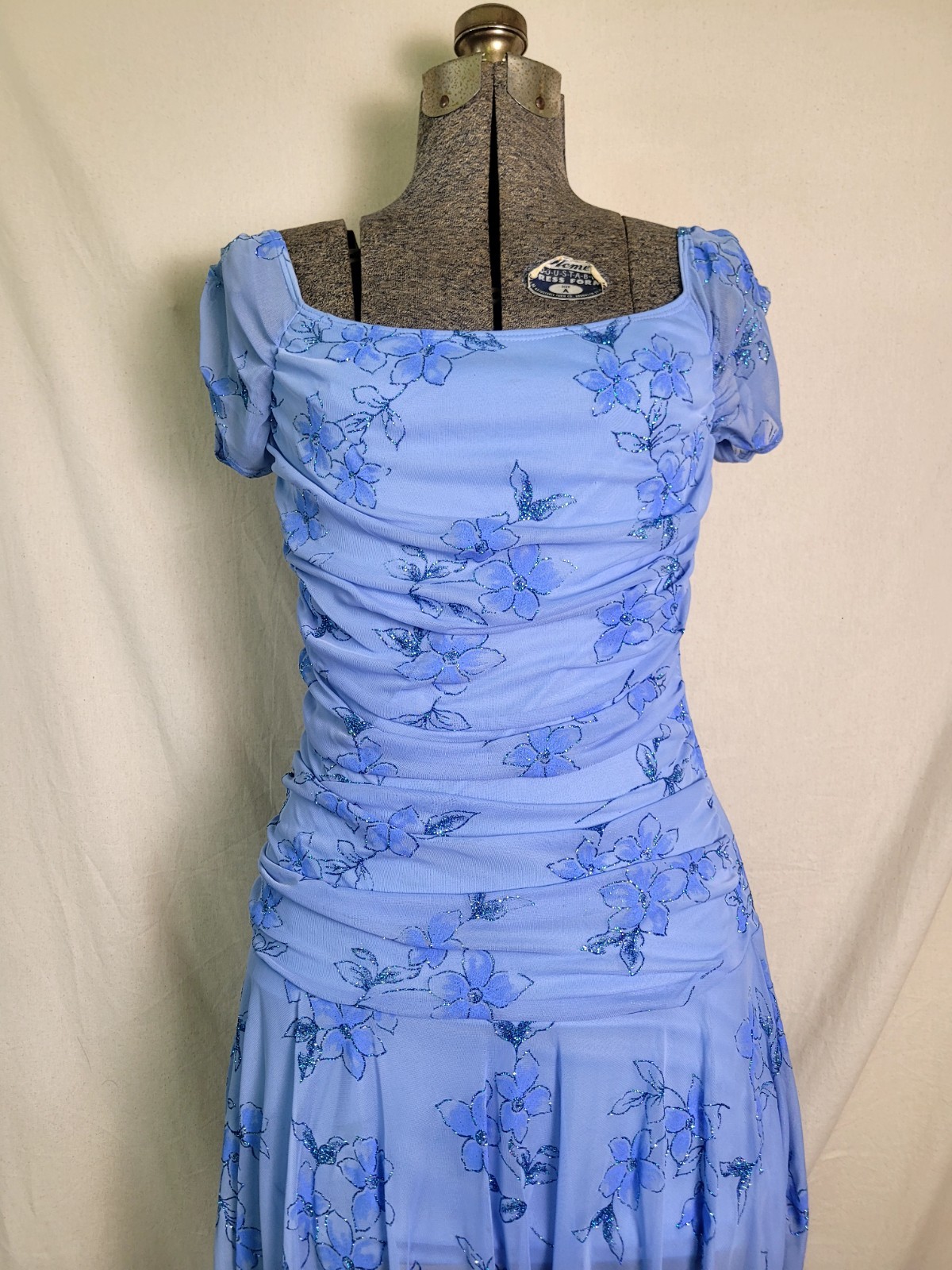 Vintage 90s Y2K Taboo Blue Floral Drop Waist Asymmetrical Hem Prom Hoco Size S/M