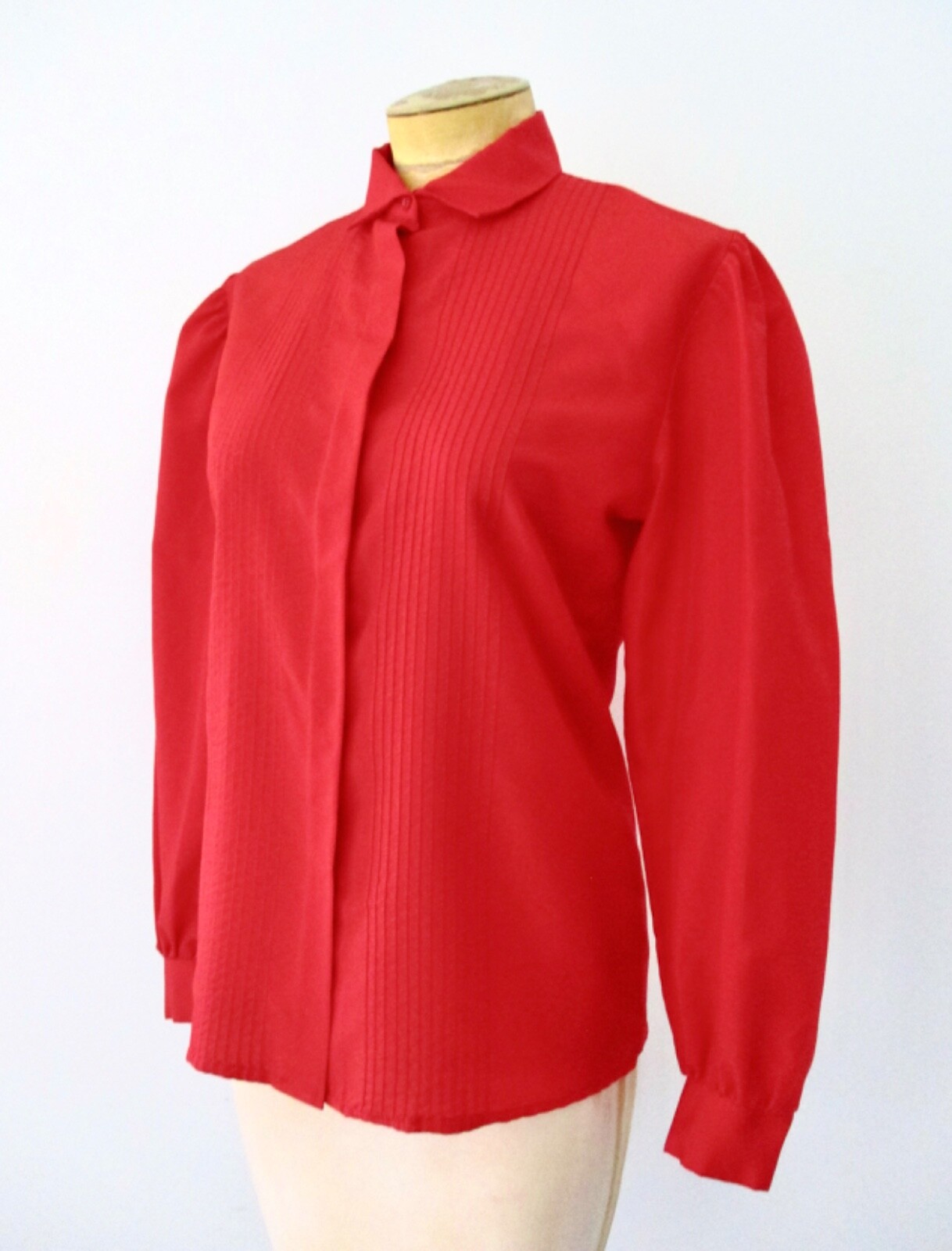 Vtg 70s 80s Red Silky Secretary Blouse Top Pin Tuck Tuxedo Pleats Puff Slvs 10