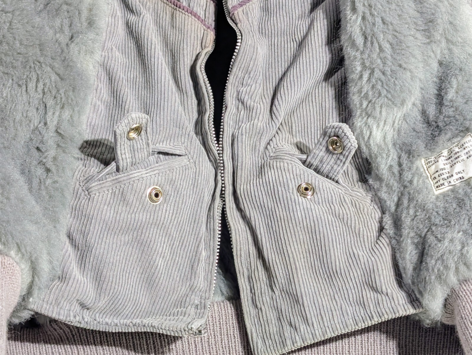 Vintage Mod Maid Coat 60s 70s Women’s SMALL Gray Corduroy Purple Trim Hooded