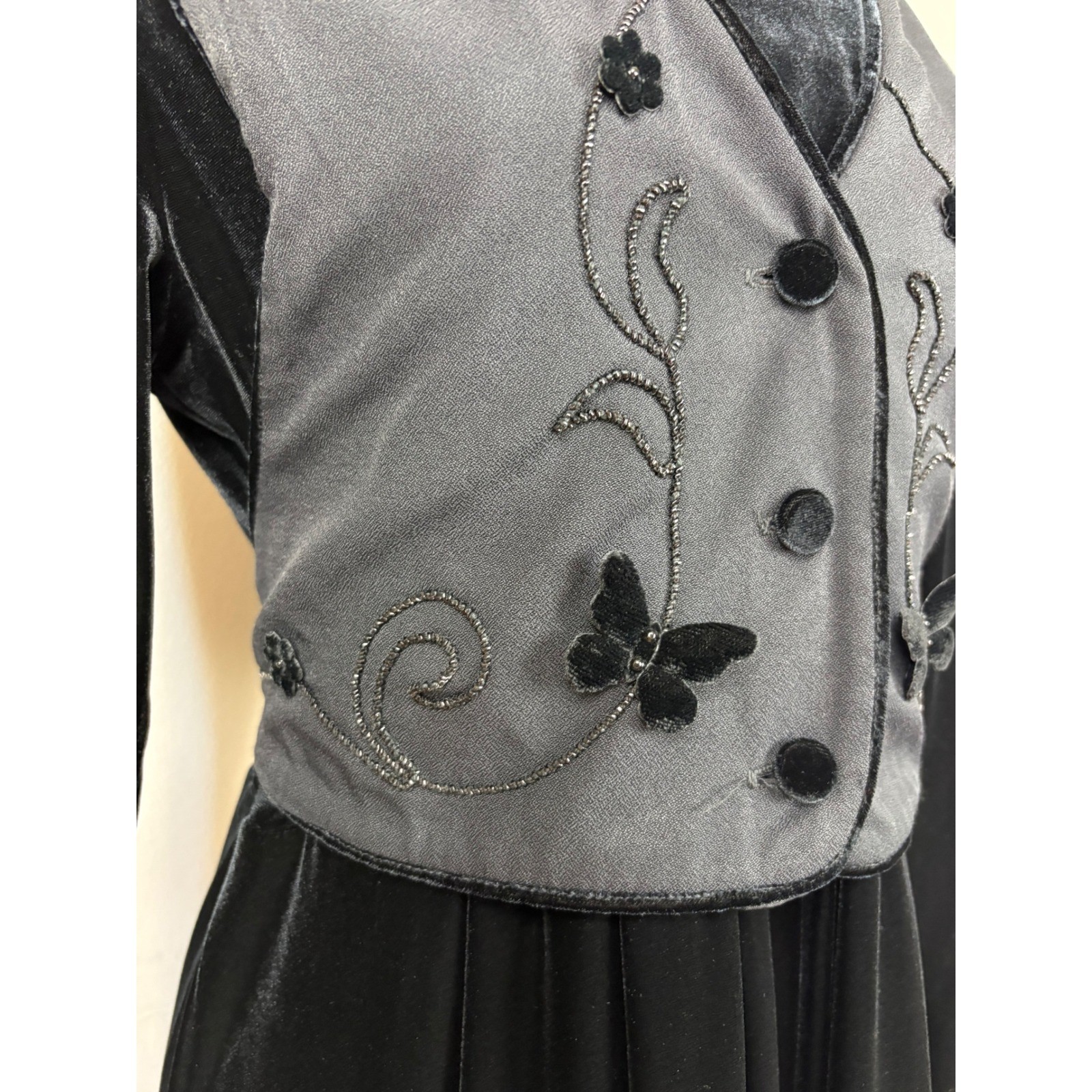 J.B.S. Ltd Vintage Velvet Midi Dress with Beaded Faux Vest Sz 12 Modest 80s 90s