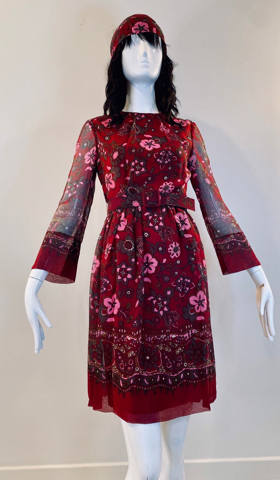 60s Adele Simpson Silk Flower Power Chiffon Dress with Belts and Sash Ensemble