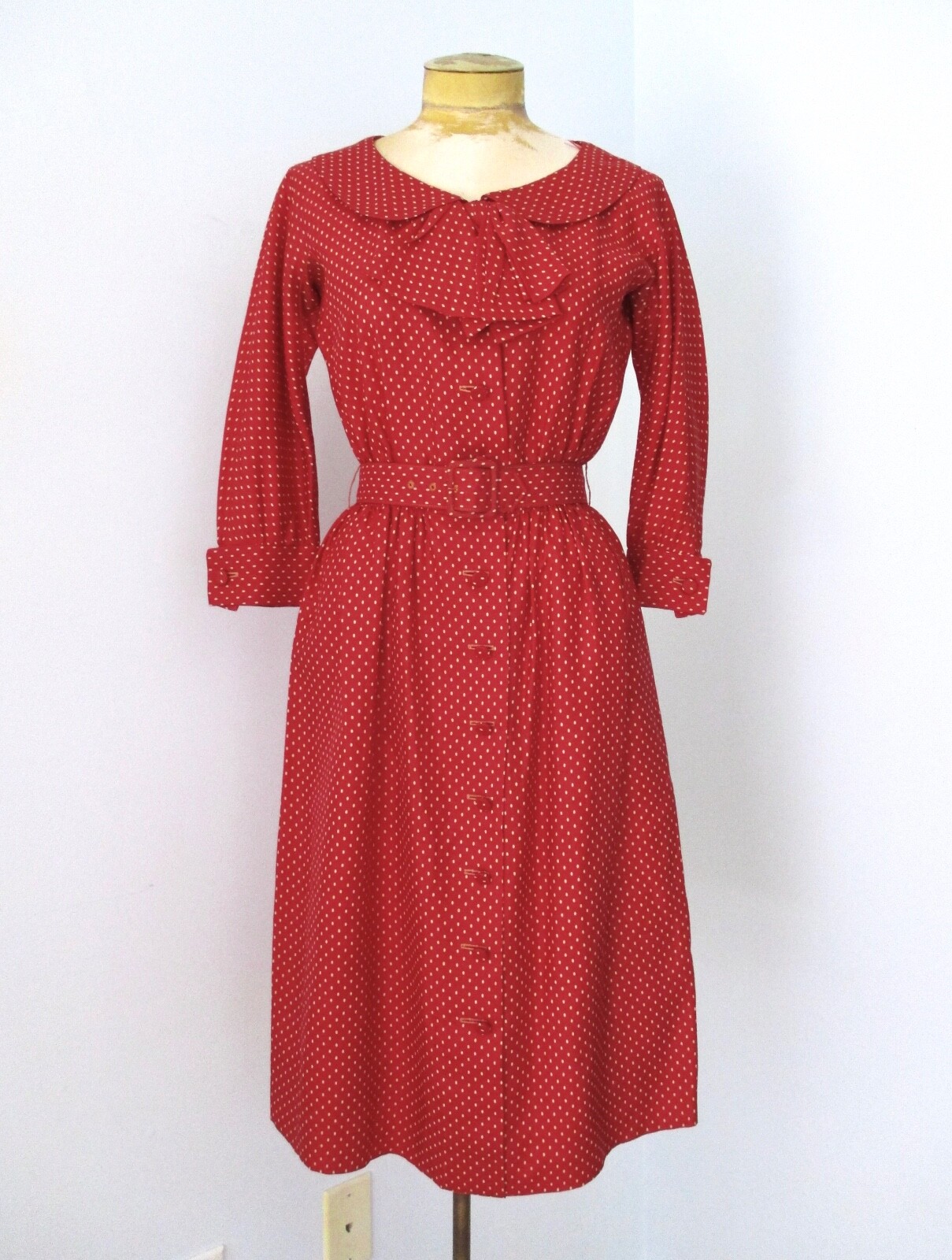 Vtg 50s Rockabilly Red Beige Dots Silk Swing Button Dress Bow Buckle Belt 8
