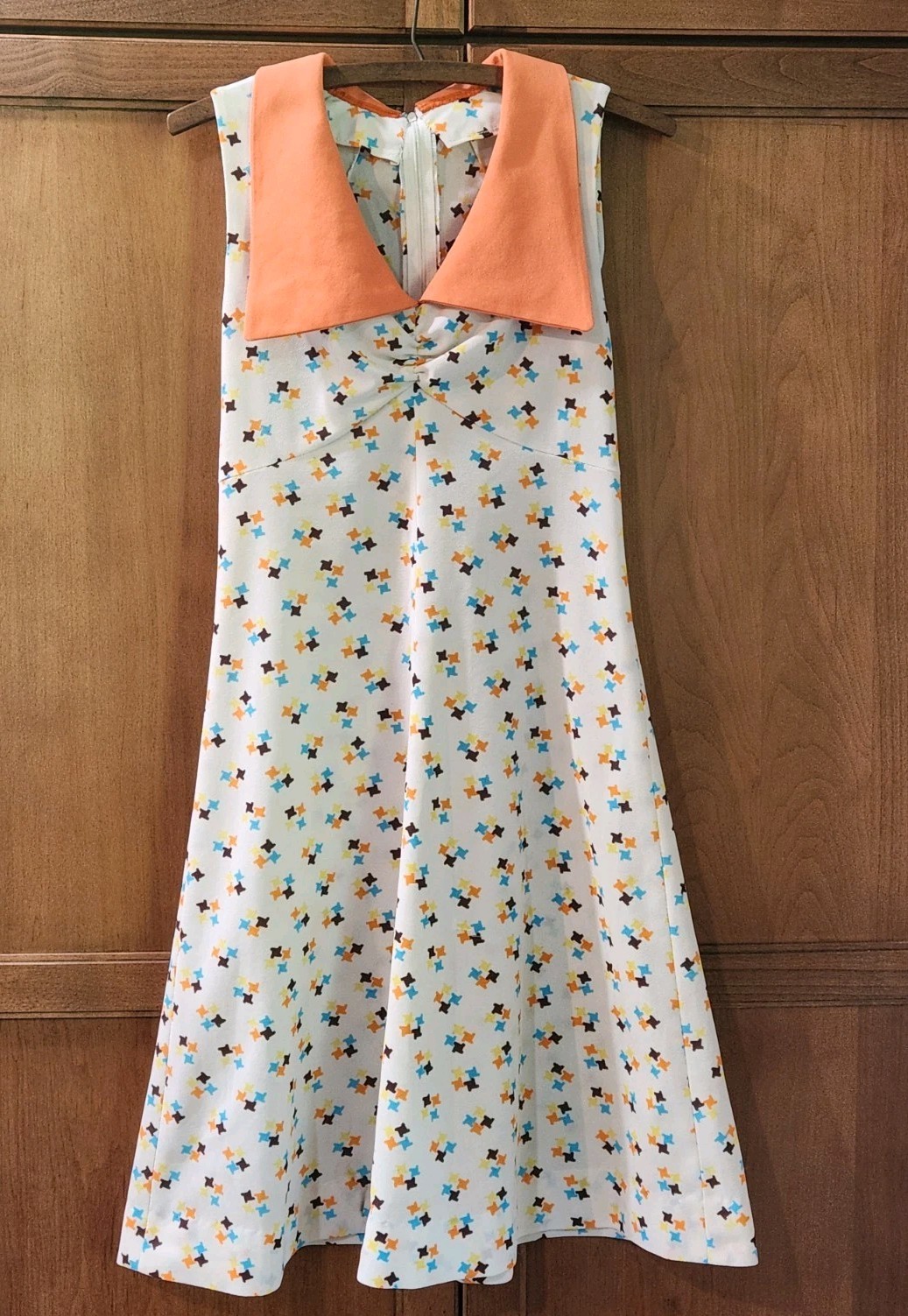 Vintage 1960’s Handmade Orange Teal White Pleated Collar Mod Dress Size Small