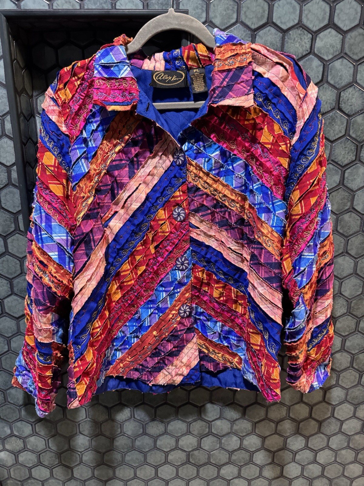 Vintage 1990s Alex Kim Bright Patchwork Jacket / Shacket – Women’s Petite Large