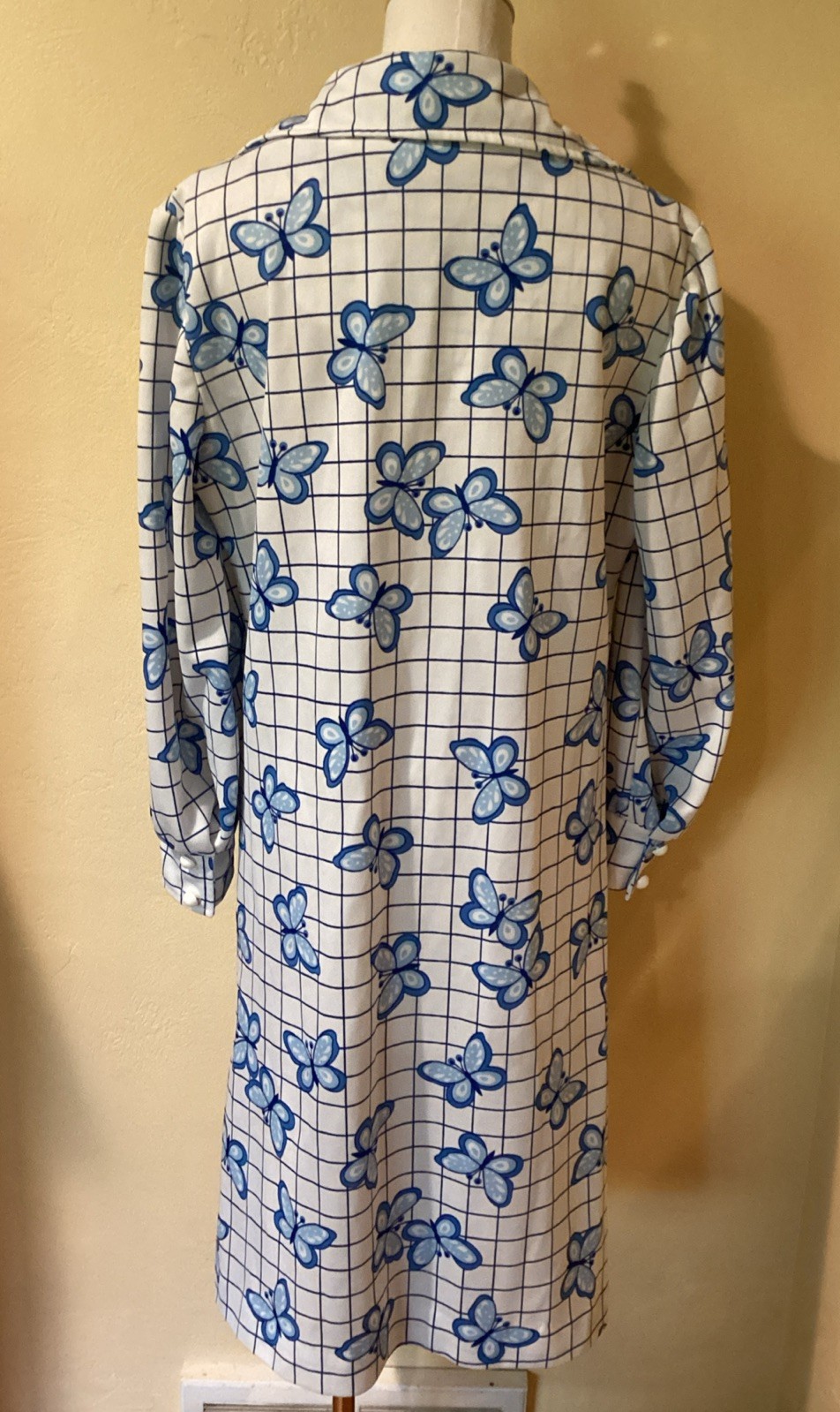 Vintage 70s “Prissy” Blue And White Butterfly Checkered Button up Shirt Dress