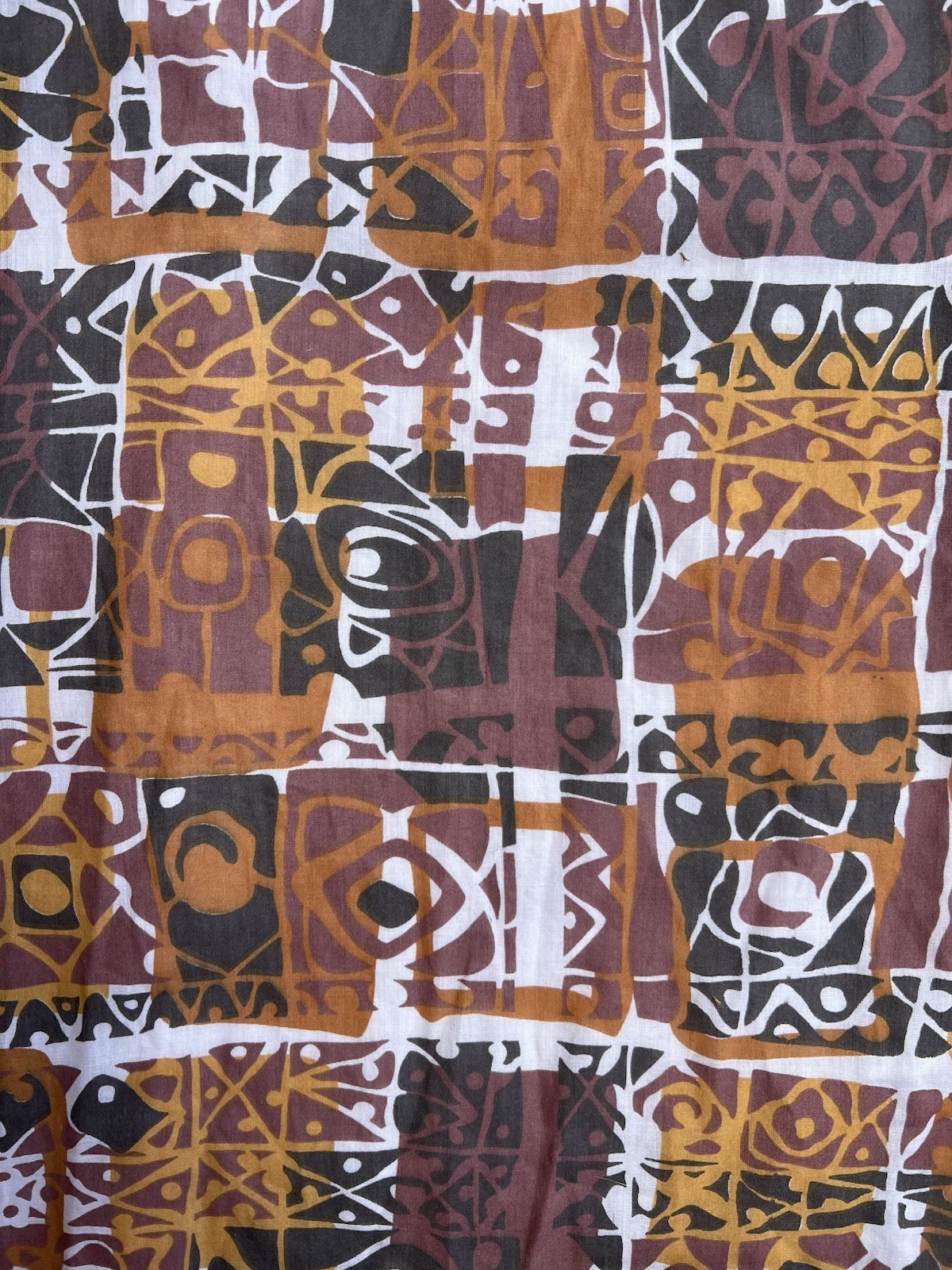 VTG 60-70s Handmade Mod Abstract Tiki Print Empire-Waist Maxi Dress Lined Retro
